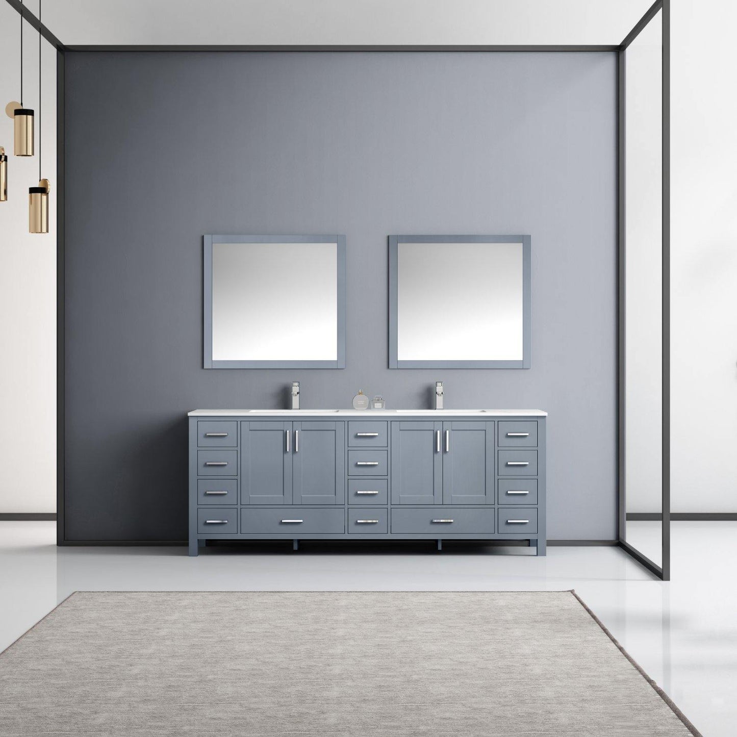 Jacques 84" White, Dark Grey, Distressed Grey Double Vanity, Available with White Carrara Marble Top, White Square Sink, 34" Mirror and Faucet - The Bath Vanities