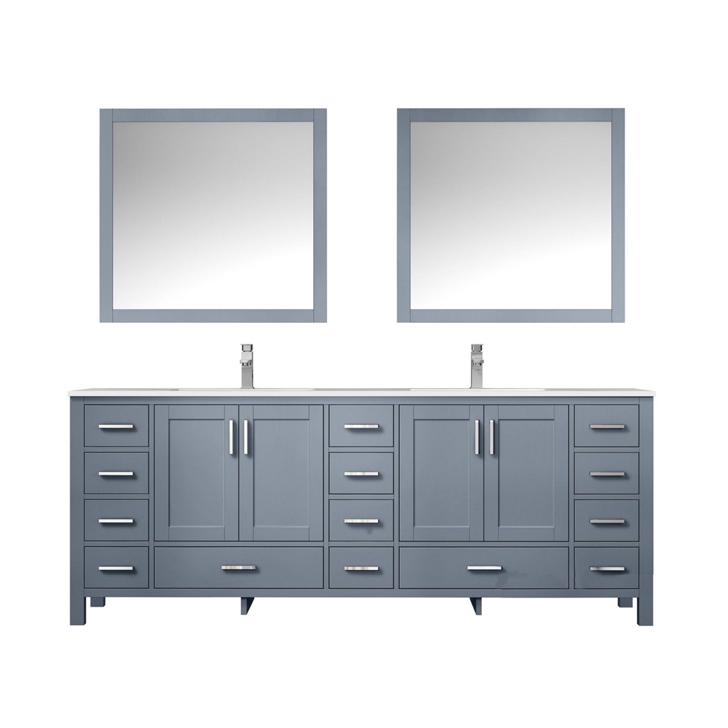 Jacques 84" White, Dark Grey, Distressed Grey Double Vanity, Available with White Carrara Marble Top, White Square Sink, 34" Mirror and Faucet - The Bath Vanities