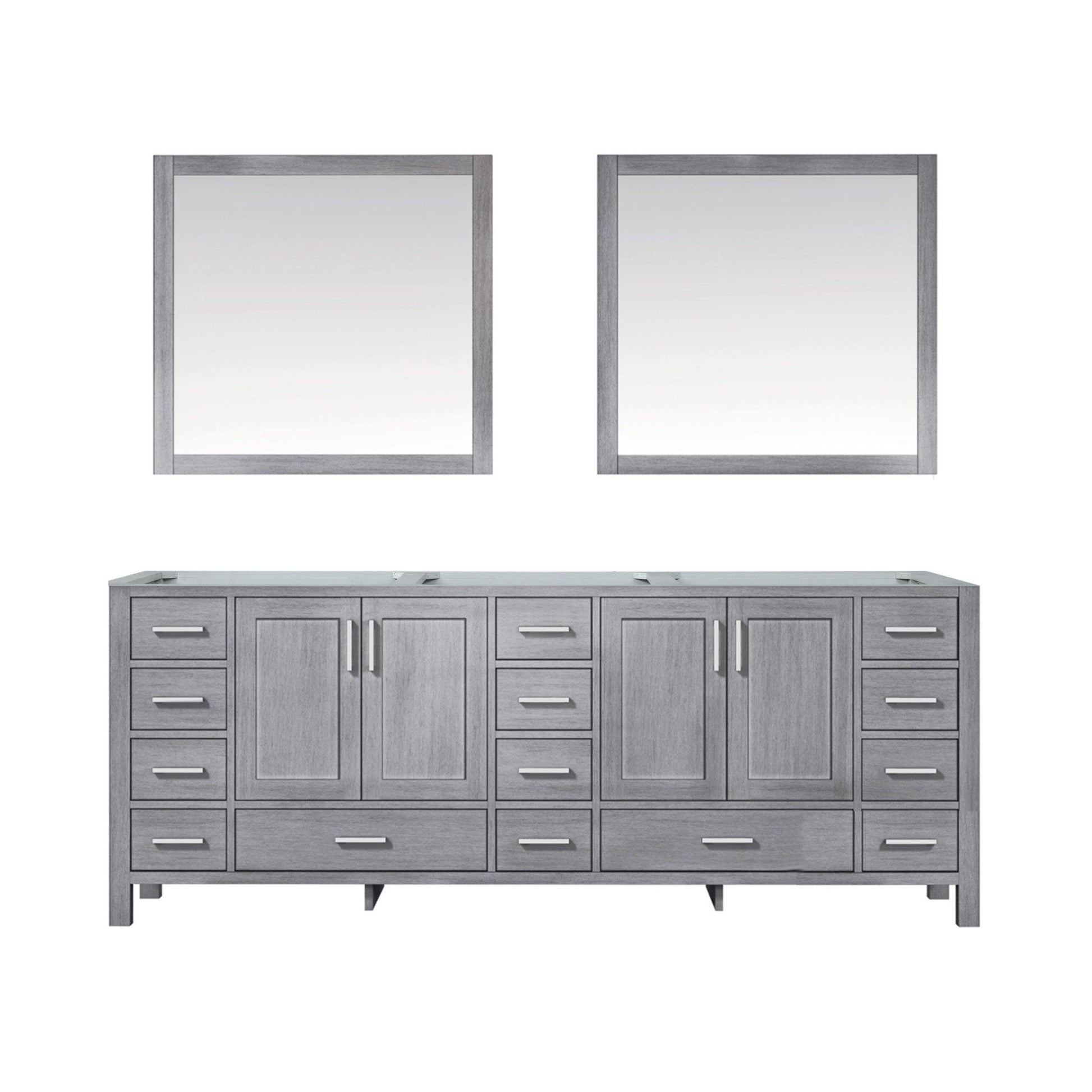 Jacques 84" White, Dark Grey, Distressed Grey Double Vanity, Available with White Carrara Marble Top, White Square Sink, 34" Mirror and Faucet - The Bath Vanities