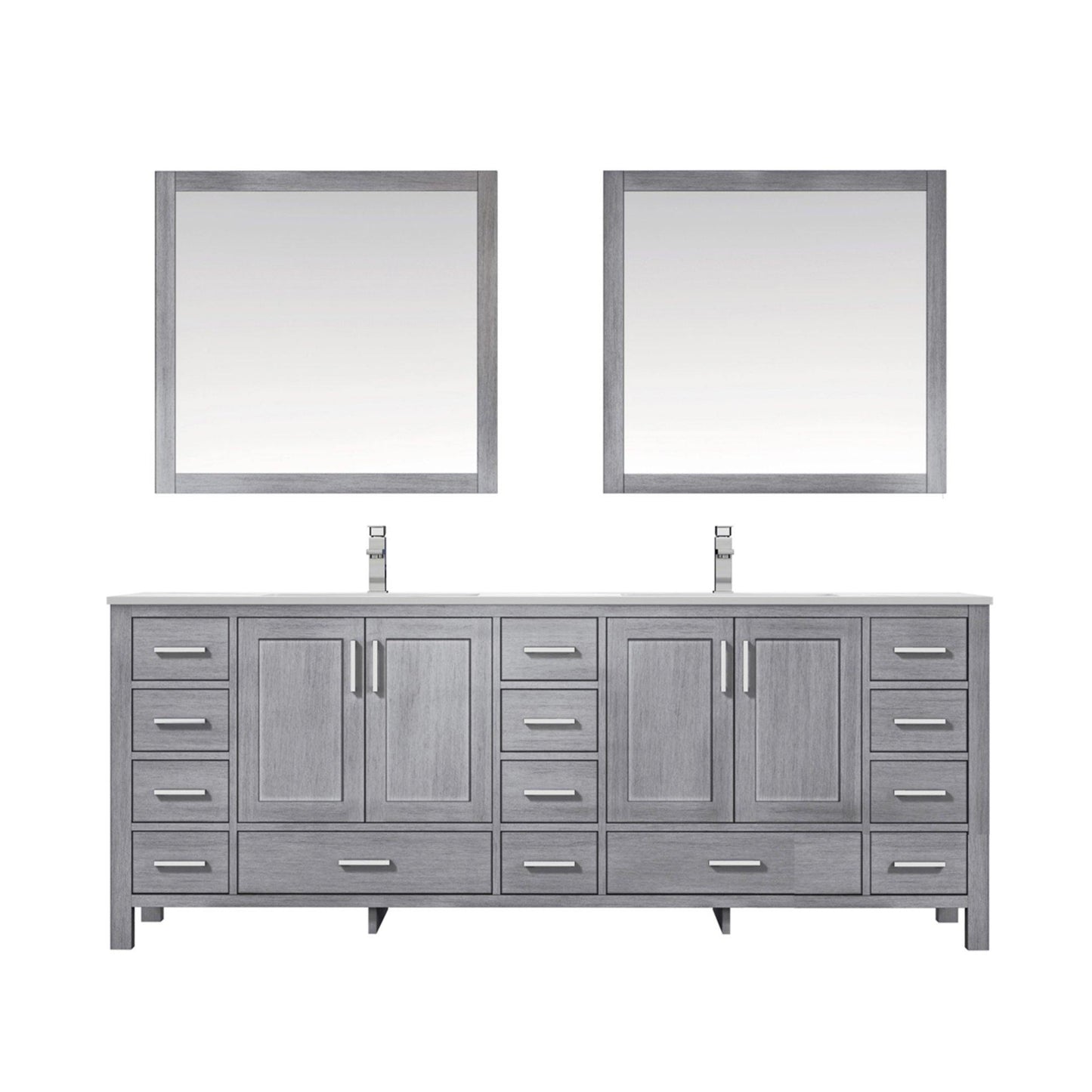 Jacques 84" White, Dark Grey, Distressed Grey Double Vanity, Available with White Carrara Marble Top, White Square Sink, 34" Mirror and Faucet - The Bath Vanities