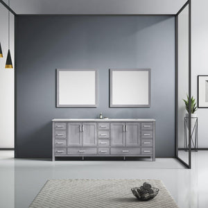 Jacques 84" White, Dark Grey, Distressed Grey Double Vanity, Available with White Carrara Marble Top, White Square Sink, 34" Mirror and Faucet - The Bath Vanities