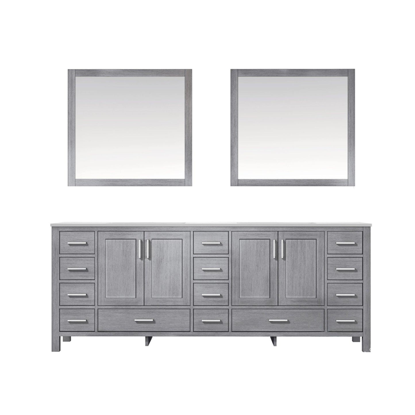 Jacques 84" White, Dark Grey, Distressed Grey Double Vanity, Available with White Carrara Marble Top, White Square Sink, 34" Mirror and Faucet - The Bath Vanities