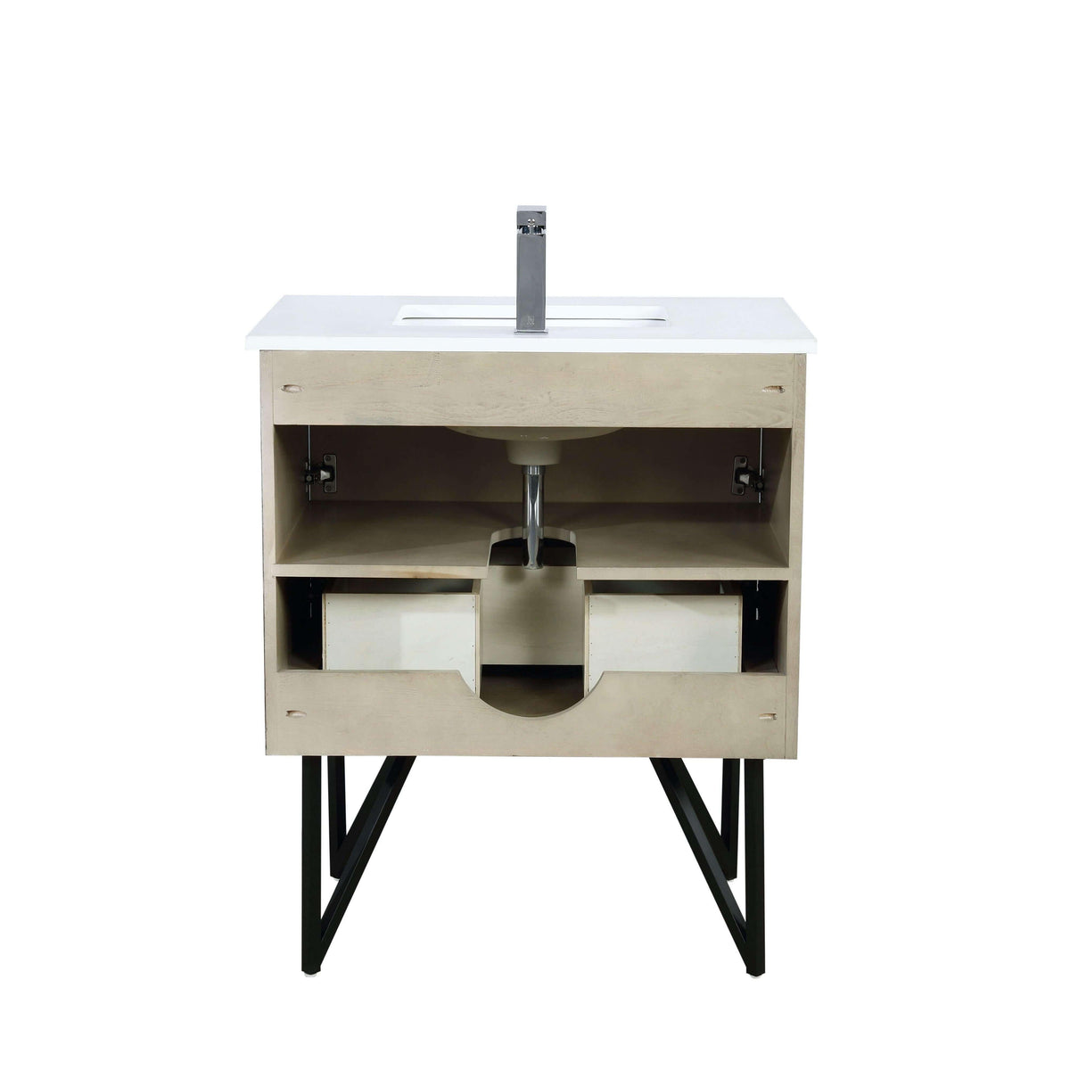 Lancy 36" Rustic Acacia Bathroom Vanity, White Quartz Top, White Square Sink.  Optional: 28" Frameless Mirror, Faucet Set with Pop-Up Drain and P-Trap - The Bath Vanities