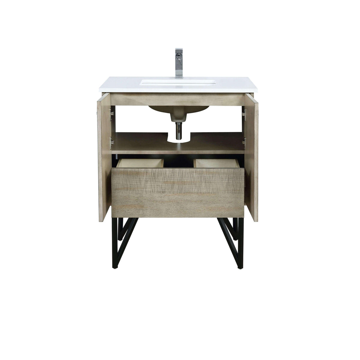 Lancy 36" Rustic Acacia Bathroom Vanity, White Quartz Top, White Square Sink.  Optional: 28" Frameless Mirror, Faucet Set with Pop-Up Drain and P-Trap - The Bath Vanities