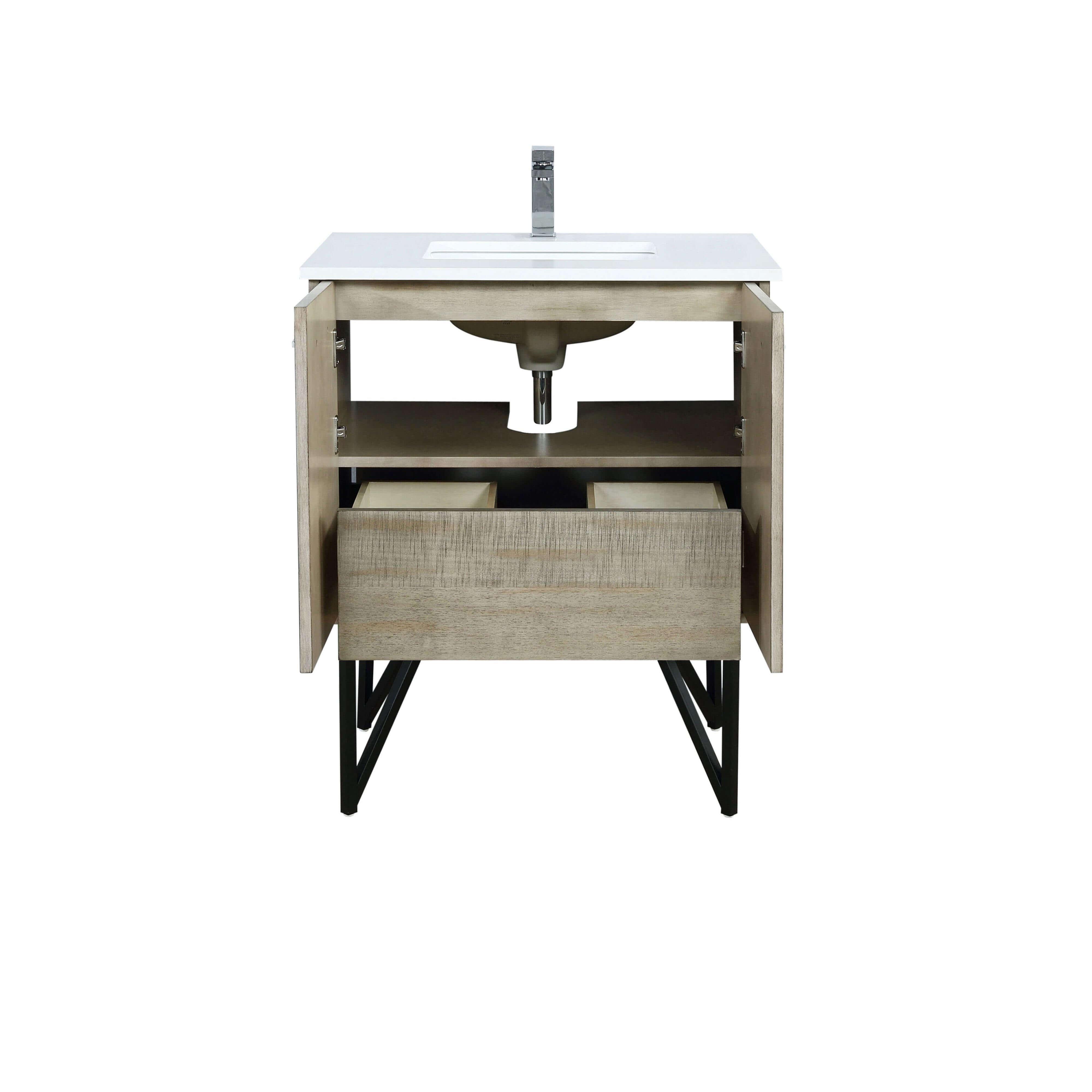 Lancy 36" Rustic Acacia Bathroom Vanity, White Quartz Top, White Square Sink.  Optional: 28" Frameless Mirror, Faucet Set with Pop-Up Drain and P-Trap - The Bath Vanities