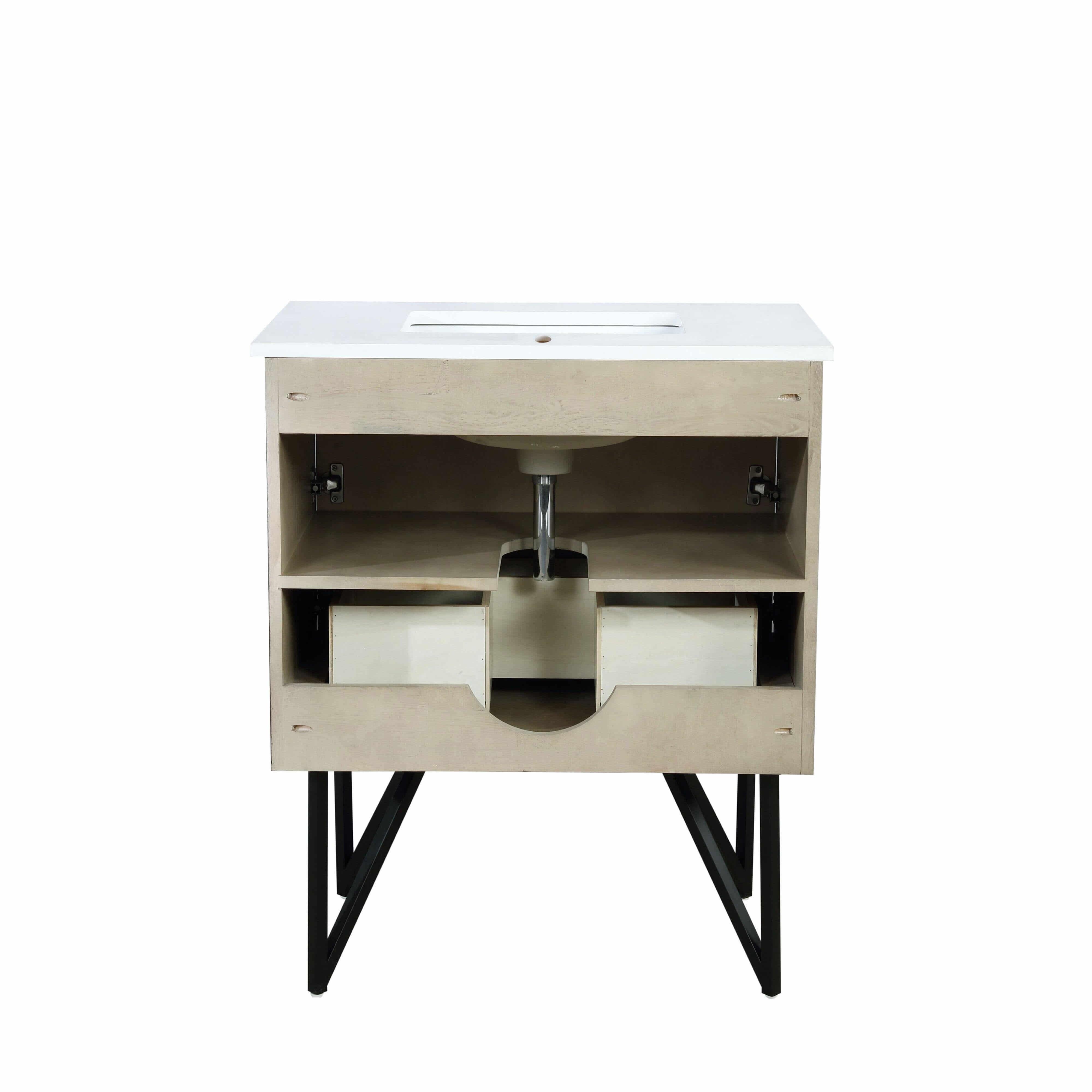 Lancy 36" Rustic Acacia Bathroom Vanity, White Quartz Top, White Square Sink.  Optional: 28" Frameless Mirror, Faucet Set with Pop-Up Drain and P-Trap - The Bath Vanities