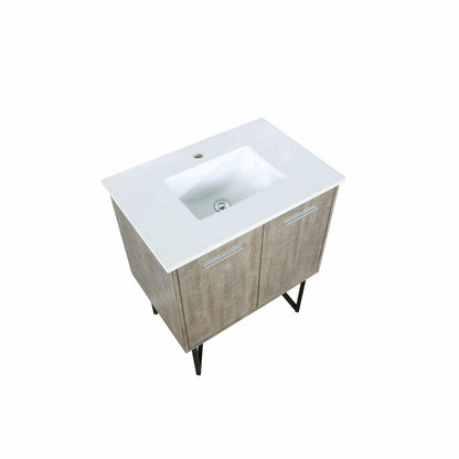 Lancy 36" Rustic Acacia Bathroom Vanity, White Quartz Top, White Square Sink.  Optional: 28" Frameless Mirror, Faucet Set with Pop-Up Drain and P-Trap - The Bath Vanities