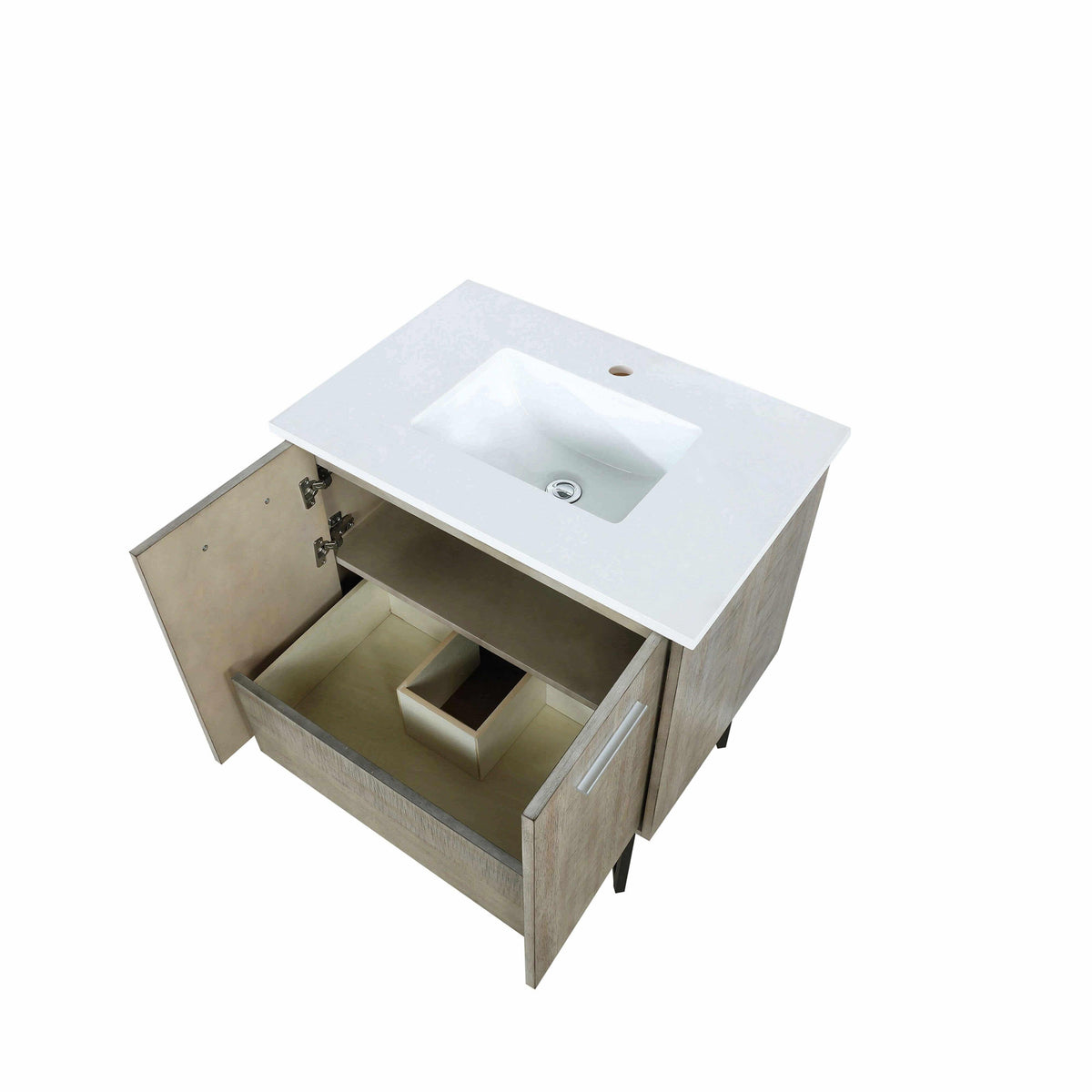 Lancy 36" Rustic Acacia Bathroom Vanity, White Quartz Top, White Square Sink.  Optional: 28" Frameless Mirror, Faucet Set with Pop-Up Drain and P-Trap - The Bath Vanities