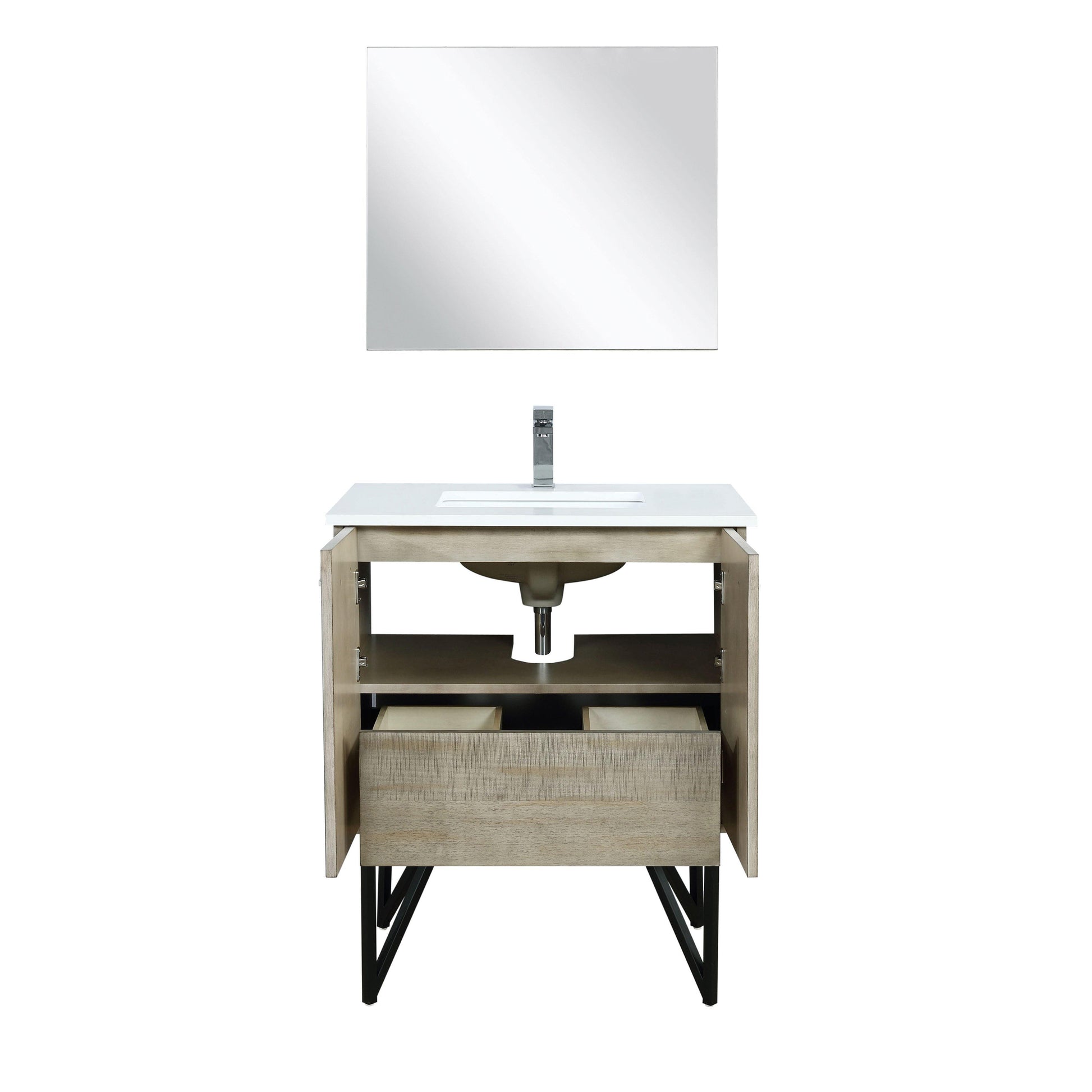 Lancy 36" Rustic Acacia Bathroom Vanity, White Quartz Top, White Square Sink.  Optional: 28" Frameless Mirror, Faucet Set with Pop-Up Drain and P-Trap - The Bath Vanities