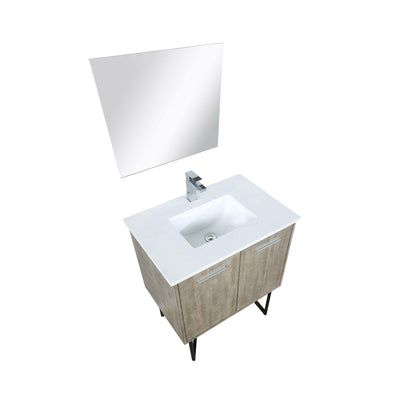 Lancy 24" Rustic Acacia Bathroom Vanity, White Quartz Top, White Square Sink.  Optional: 18" Frameless Mirror, Faucet Set with Pop-Up Drain and P-Trap - The Bath Vanities