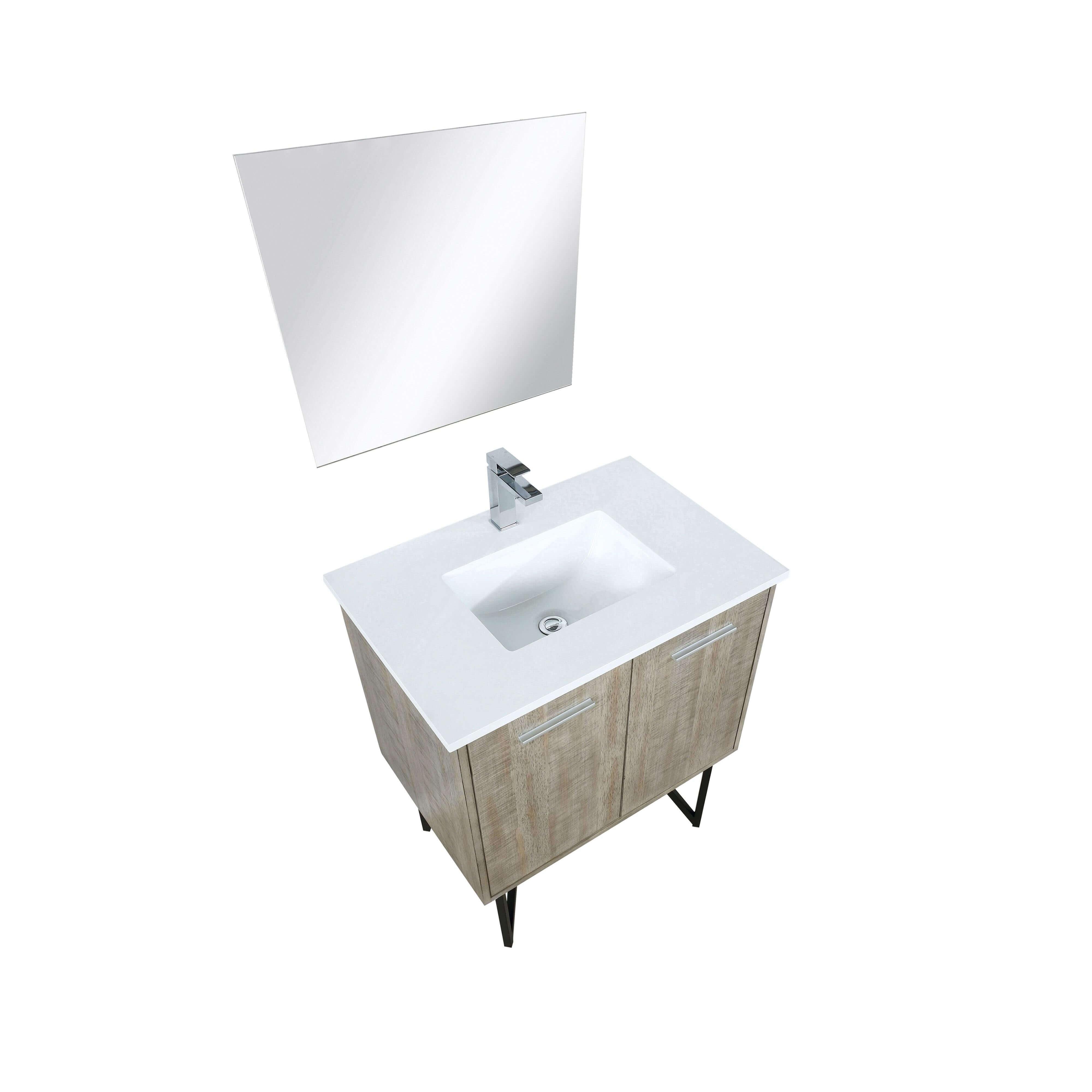 Lancy 36" Rustic Acacia Bathroom Vanity, White Quartz Top, White Square Sink.  Optional: 28" Frameless Mirror, Faucet Set with Pop-Up Drain and P-Trap - The Bath Vanities
