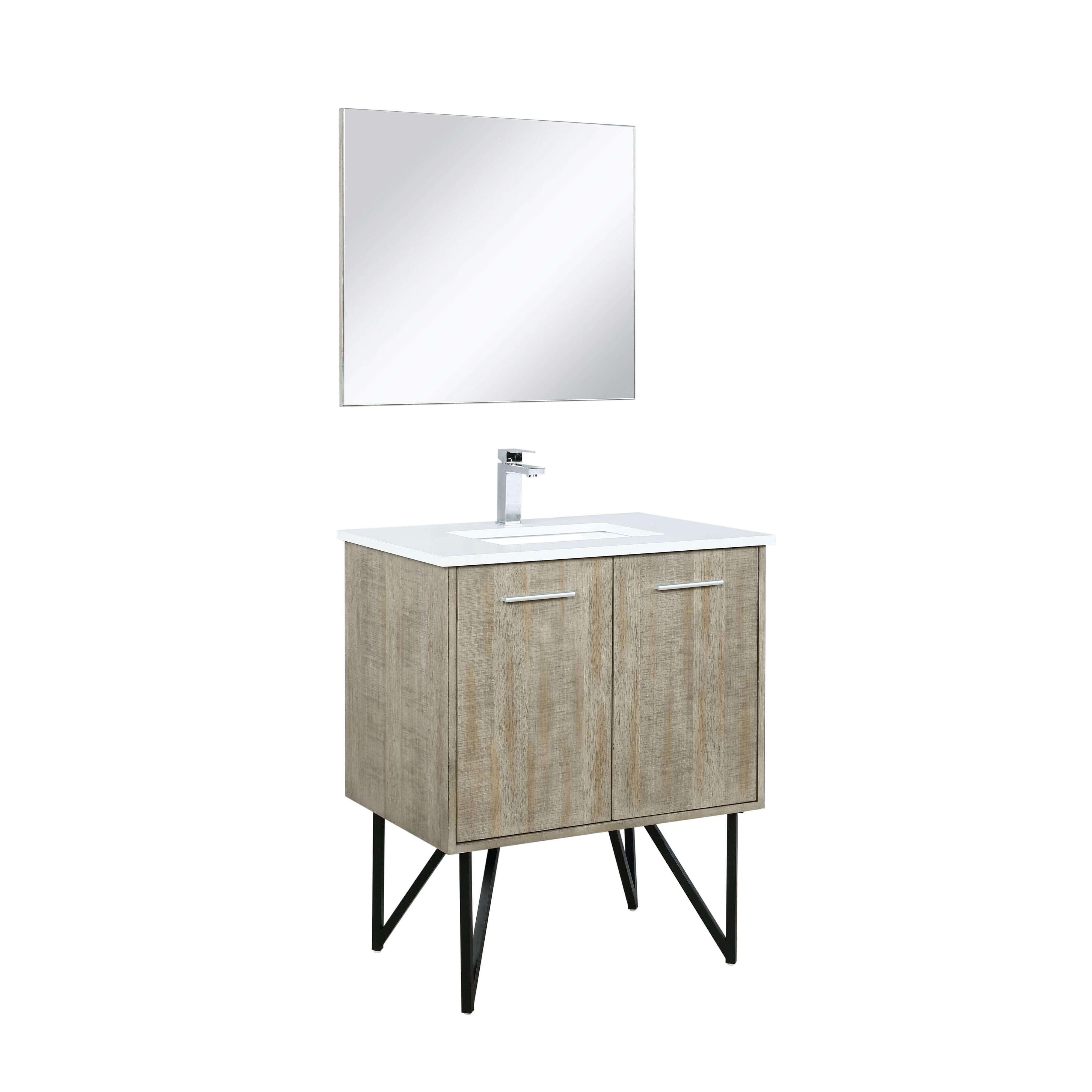 Lancy 36" Rustic Acacia Bathroom Vanity, White Quartz Top, White Square Sink.  Optional: 28" Frameless Mirror, Faucet Set with Pop-Up Drain and P-Trap - The Bath Vanities