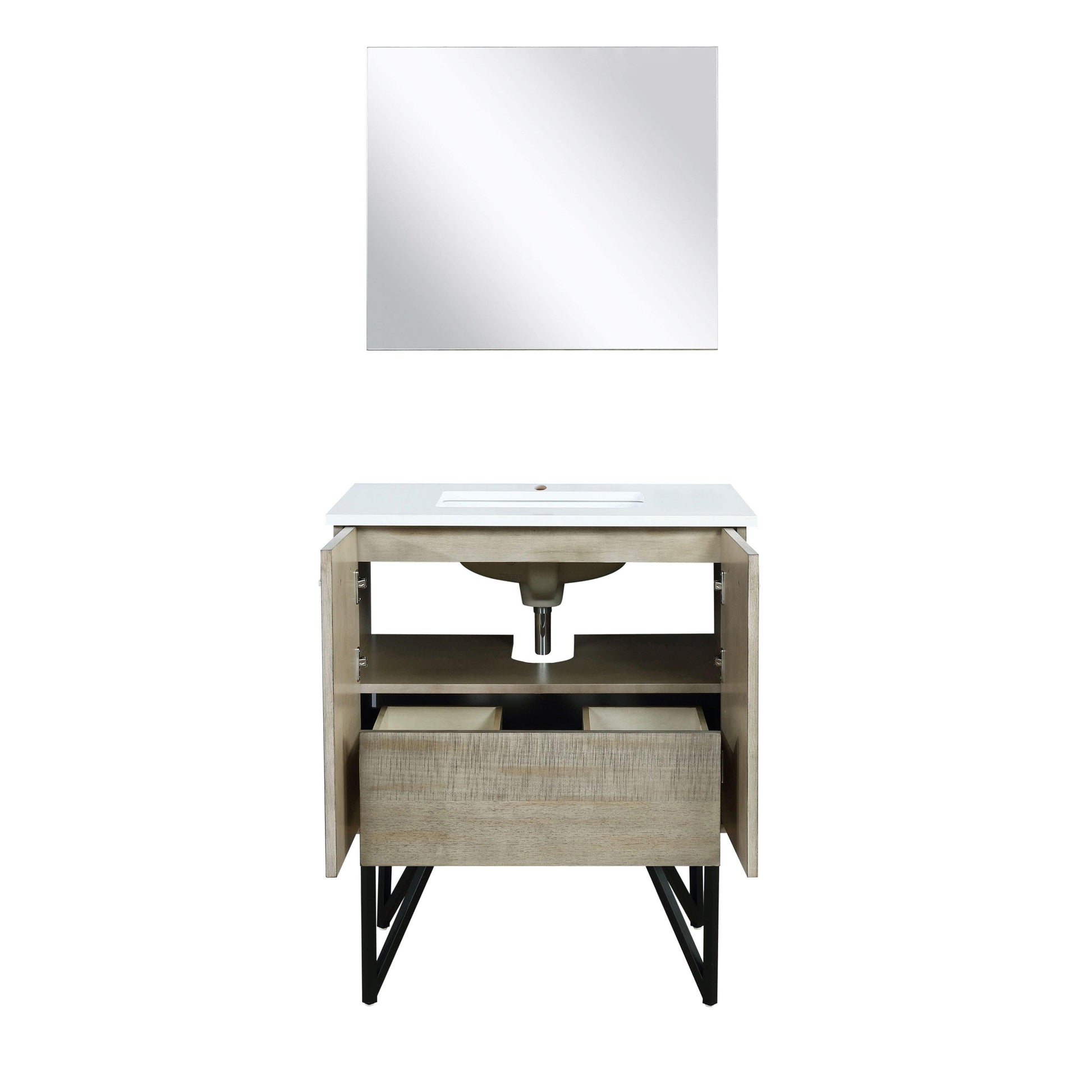 Lancy 36" Rustic Acacia Bathroom Vanity, White Quartz Top, White Square Sink.  Optional: 28" Frameless Mirror, Faucet Set with Pop-Up Drain and P-Trap - The Bath Vanities