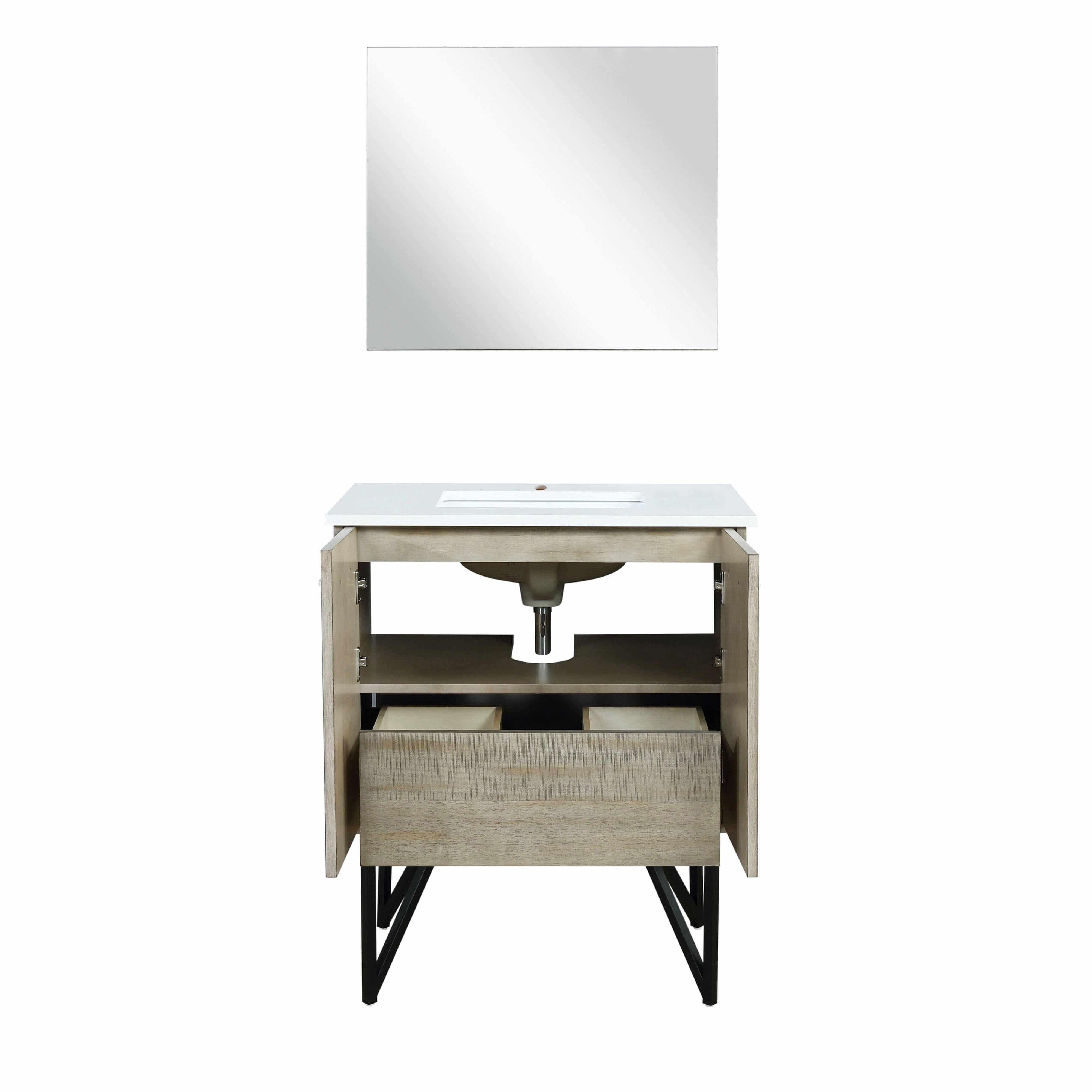 Lancy 24" Rustic Acacia Bathroom Vanity, White Quartz Top, White Square Sink.  Optional: 18" Frameless Mirror, Faucet Set with Pop-Up Drain and P-Trap - The Bath Vanities