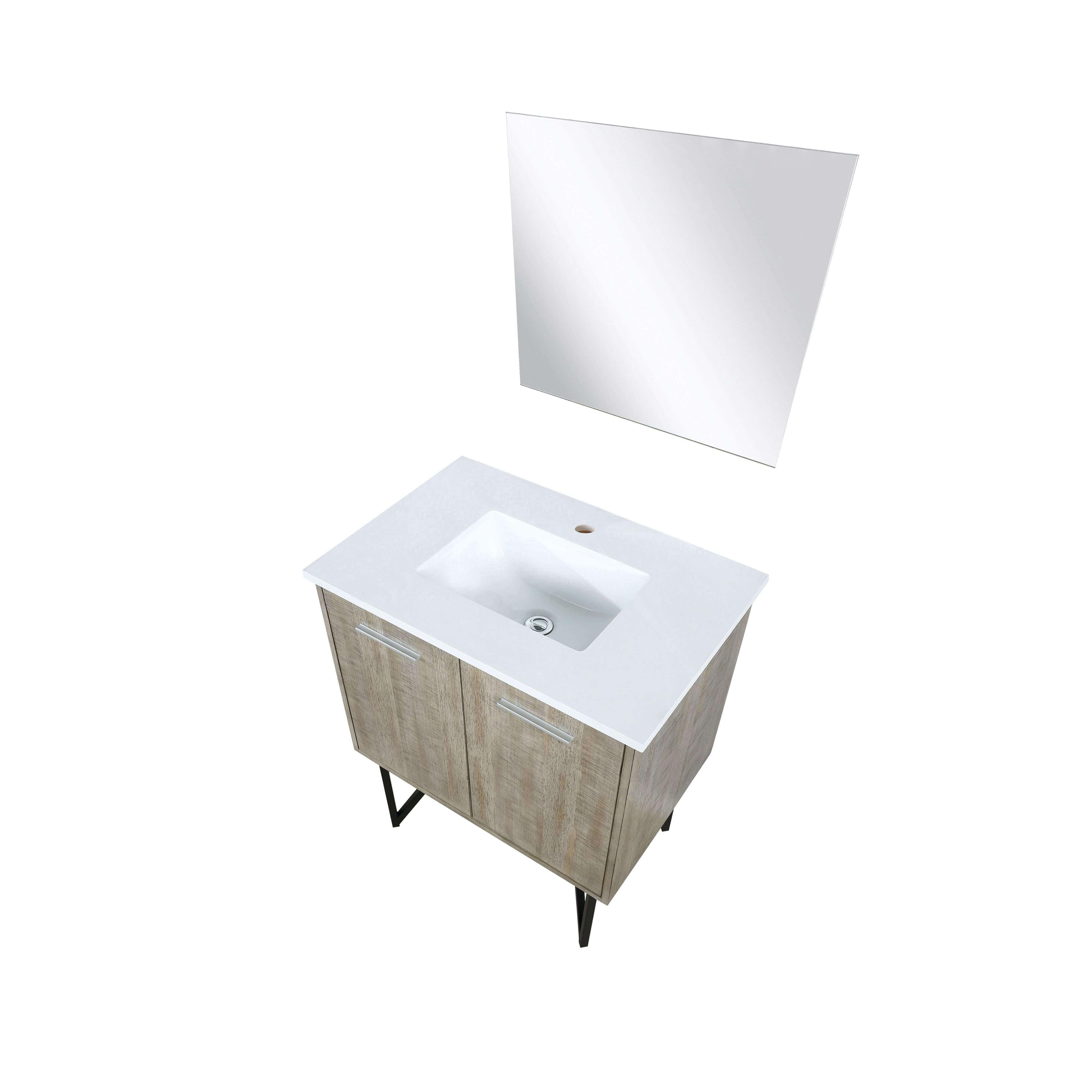 Lancy 36" Rustic Acacia Bathroom Vanity, White Quartz Top, White Square Sink.  Optional: 28" Frameless Mirror, Faucet Set with Pop-Up Drain and P-Trap - The Bath Vanities