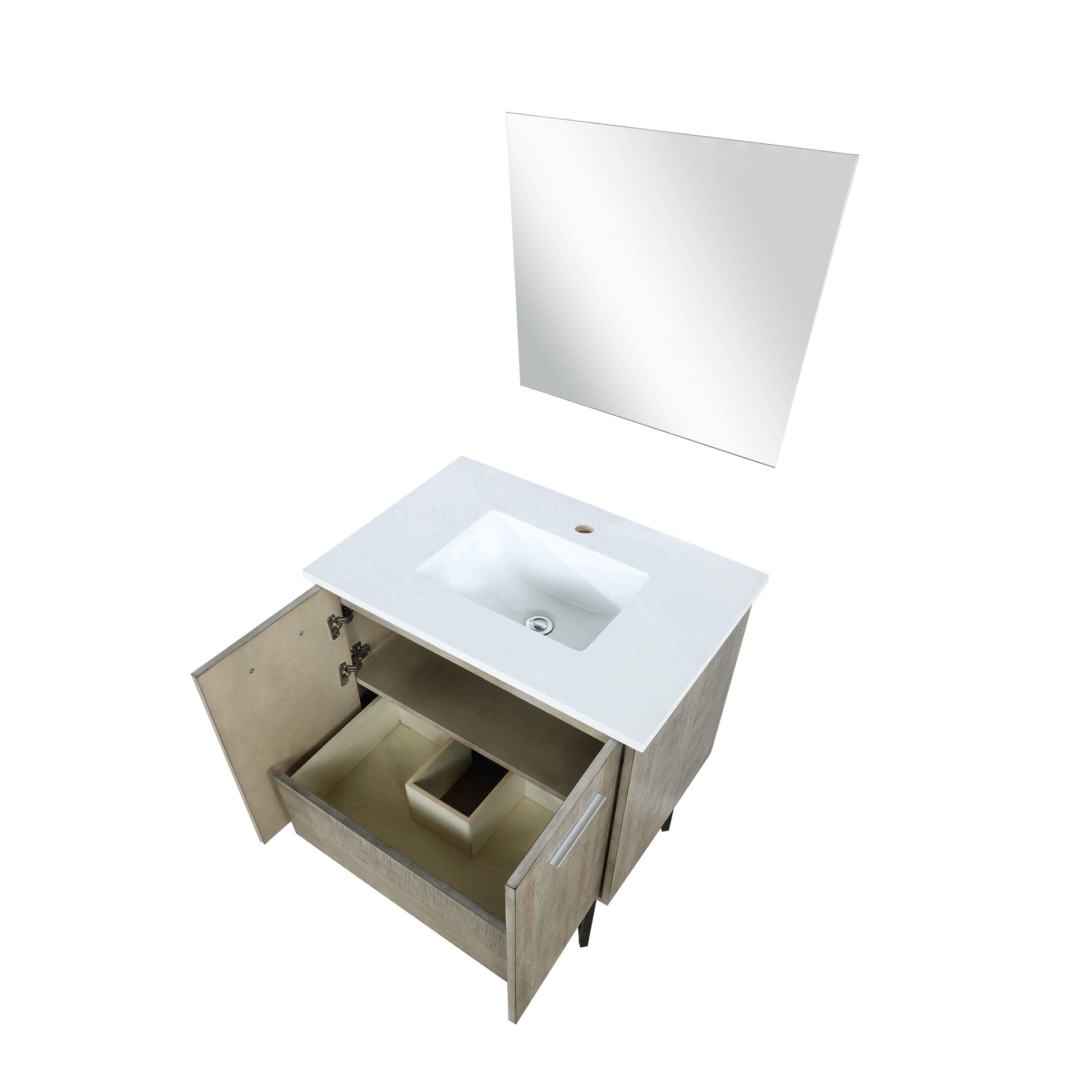 Lancy 24" Rustic Acacia Bathroom Vanity, White Quartz Top, White Square Sink.  Optional: 18" Frameless Mirror, Faucet Set with Pop-Up Drain and P-Trap - The Bath Vanities