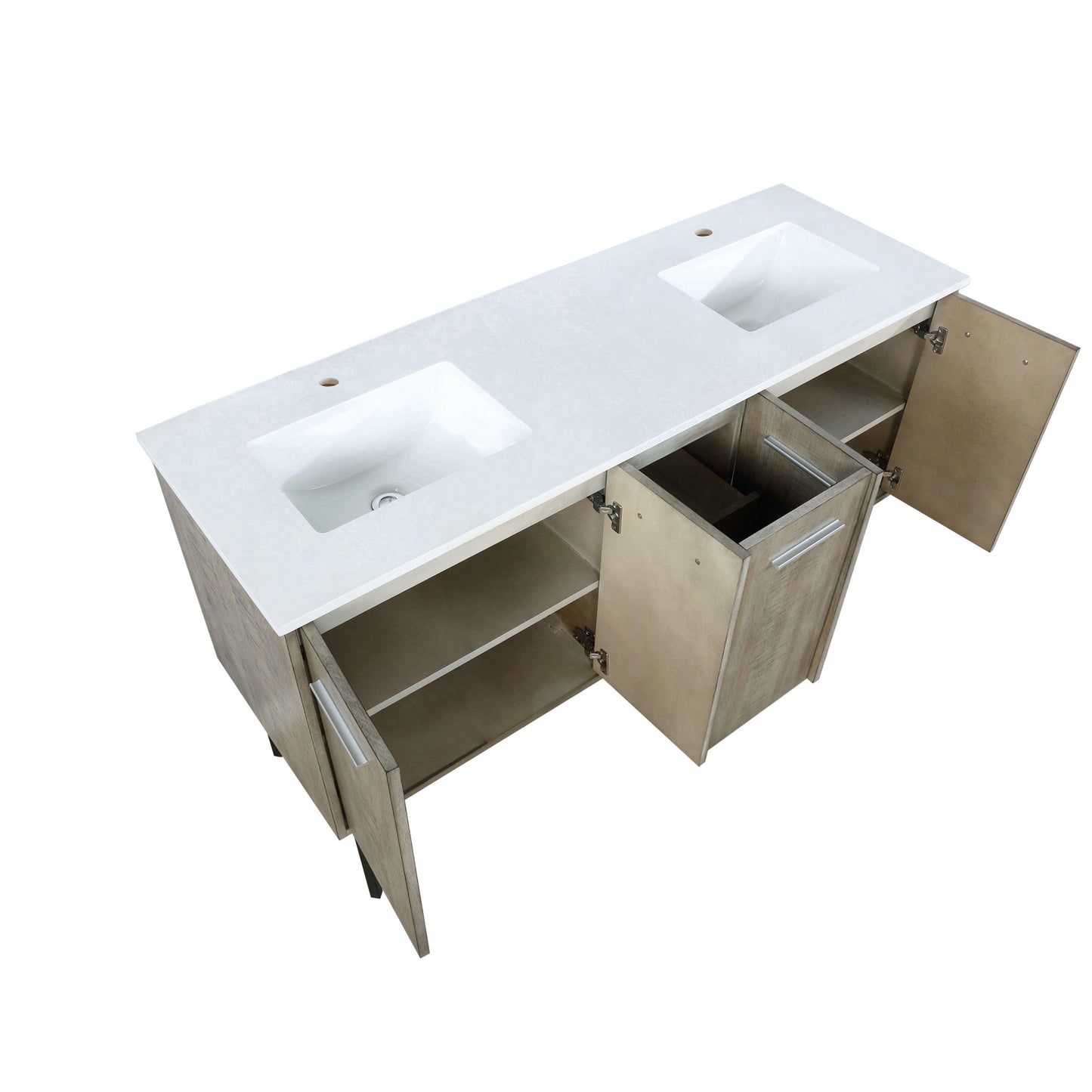 Lancy 60" Rustic Acacia Bathroom Vanity, White Quartz Top, White Square Sink.  Optional: 55" Frameless Mirror, Faucet Set with Pop-Up Drain and P-Trap - The Bath Vanities