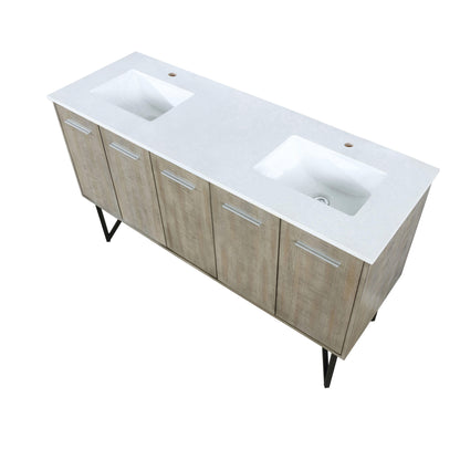 Lancy 60" Rustic Acacia Bathroom Vanity, White Quartz Top, White Square Sink.  Optional: 55" Frameless Mirror, Faucet Set with Pop-Up Drain and P-Trap - The Bath Vanities