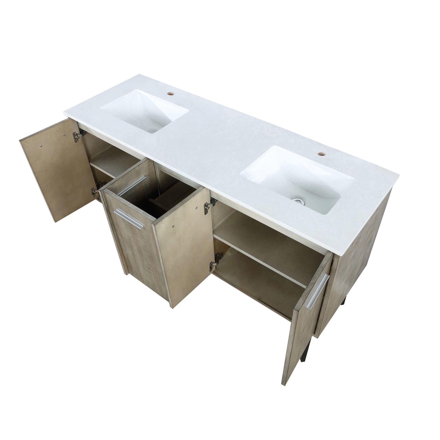 Lancy 60" Rustic Acacia Bathroom Vanity, White Quartz Top, White Square Sink.  Optional: 55" Frameless Mirror, Faucet Set with Pop-Up Drain and P-Trap - The Bath Vanities