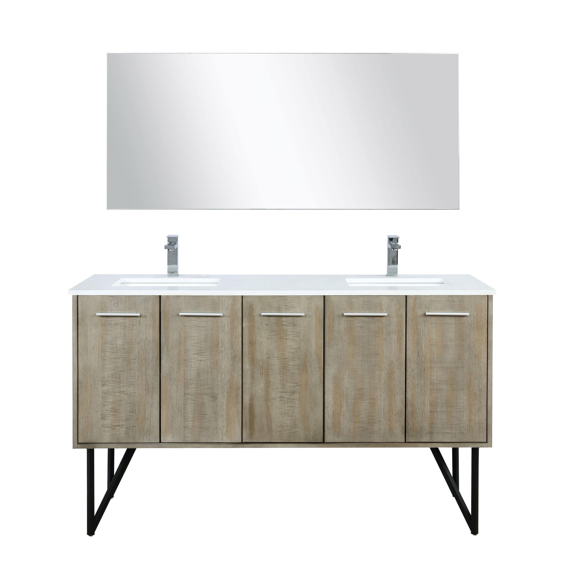 Lancy 60" Rustic Acacia Bathroom Vanity, White Quartz Top, White Square Sink.  Optional: 55" Frameless Mirror, Faucet Set with Pop-Up Drain and P-Trap - The Bath Vanities