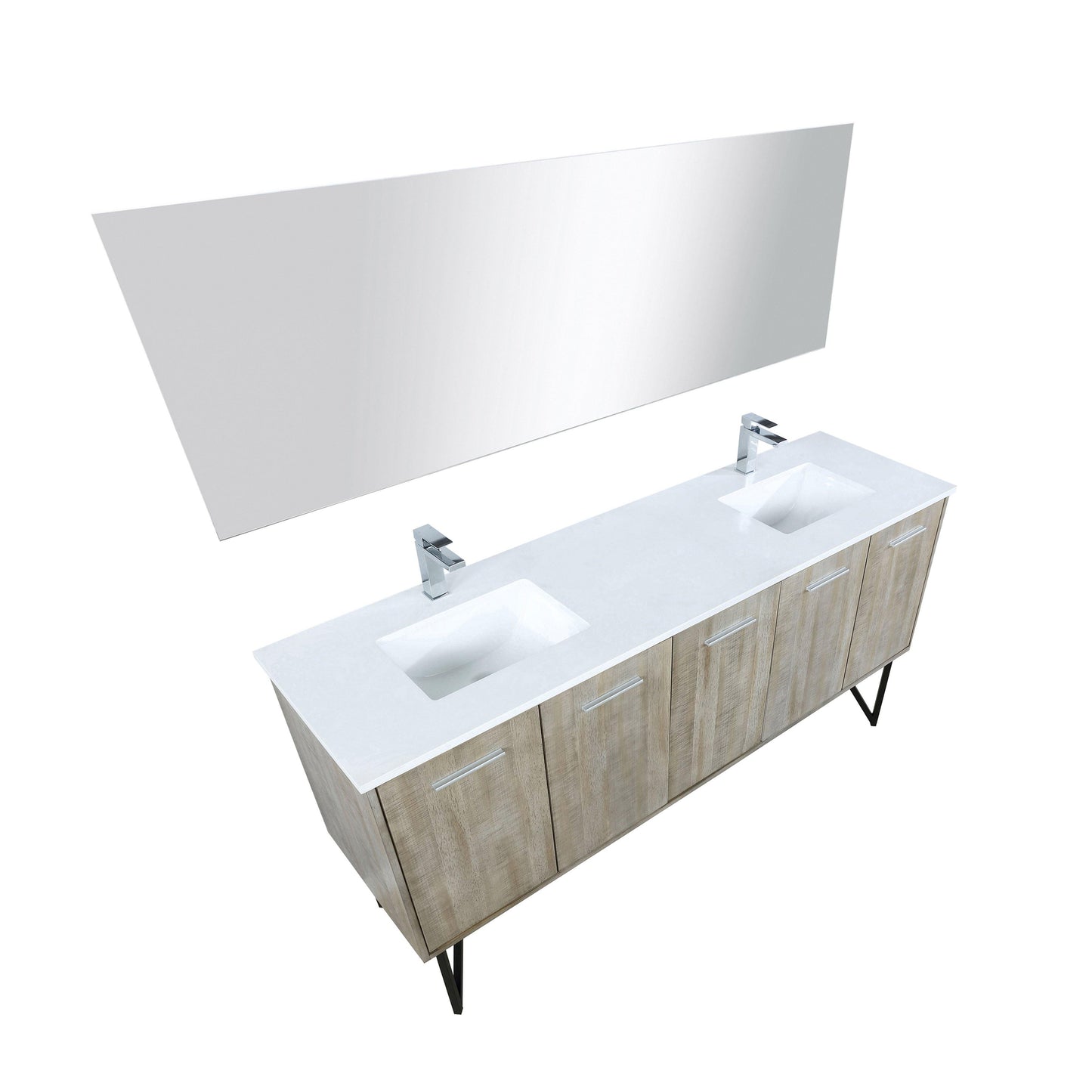 Lancy 72" Rustic Acacia Bathroom Vanity, White Quartz Top, White Square Sink.  Optional: 70" Frameless Mirror, Faucet Set with Pop-Up Drain and P-Trap - The Bath Vanities