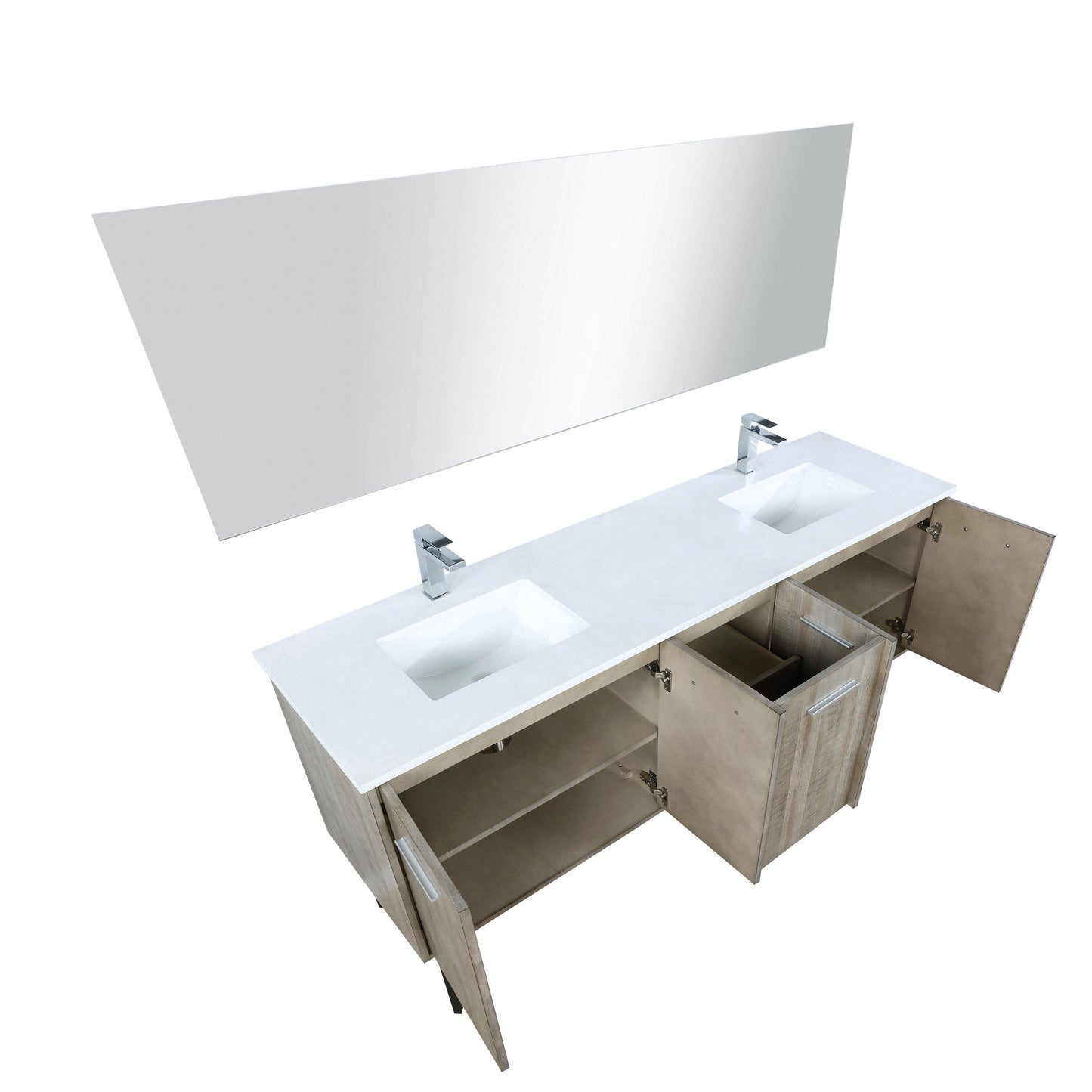 Lancy 72" Rustic Acacia Bathroom Vanity, White Quartz Top, White Square Sink.  Optional: 70" Frameless Mirror, Faucet Set with Pop-Up Drain and P-Trap - The Bath Vanities