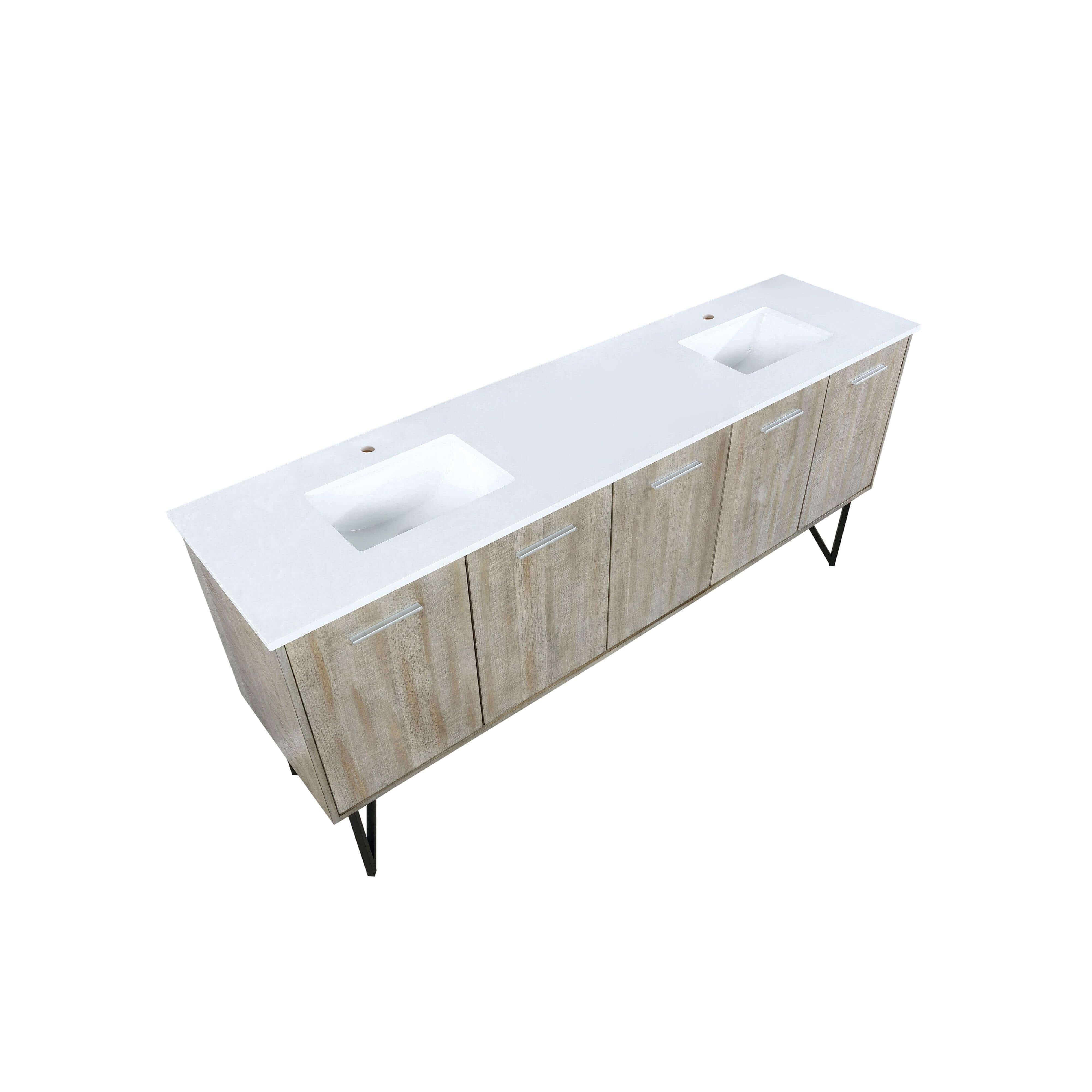 Lancy 80" Rustic Acacia Bathroom Vanity, White Quartz Top, White Square Sink.  Optional: 70" Frameless Mirror, Faucet Set with Pop-Up Drain and P-Trap - The Bath Vanities