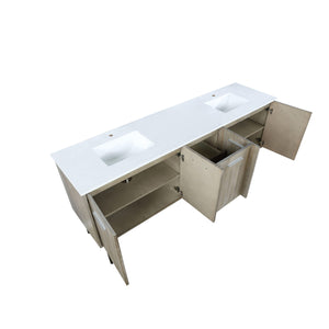 Lancy 80" Rustic Acacia Bathroom Vanity, White Quartz Top, White Square Sink.  Optional: 70" Frameless Mirror, Faucet Set with Pop-Up Drain and P-Trap - The Bath Vanities