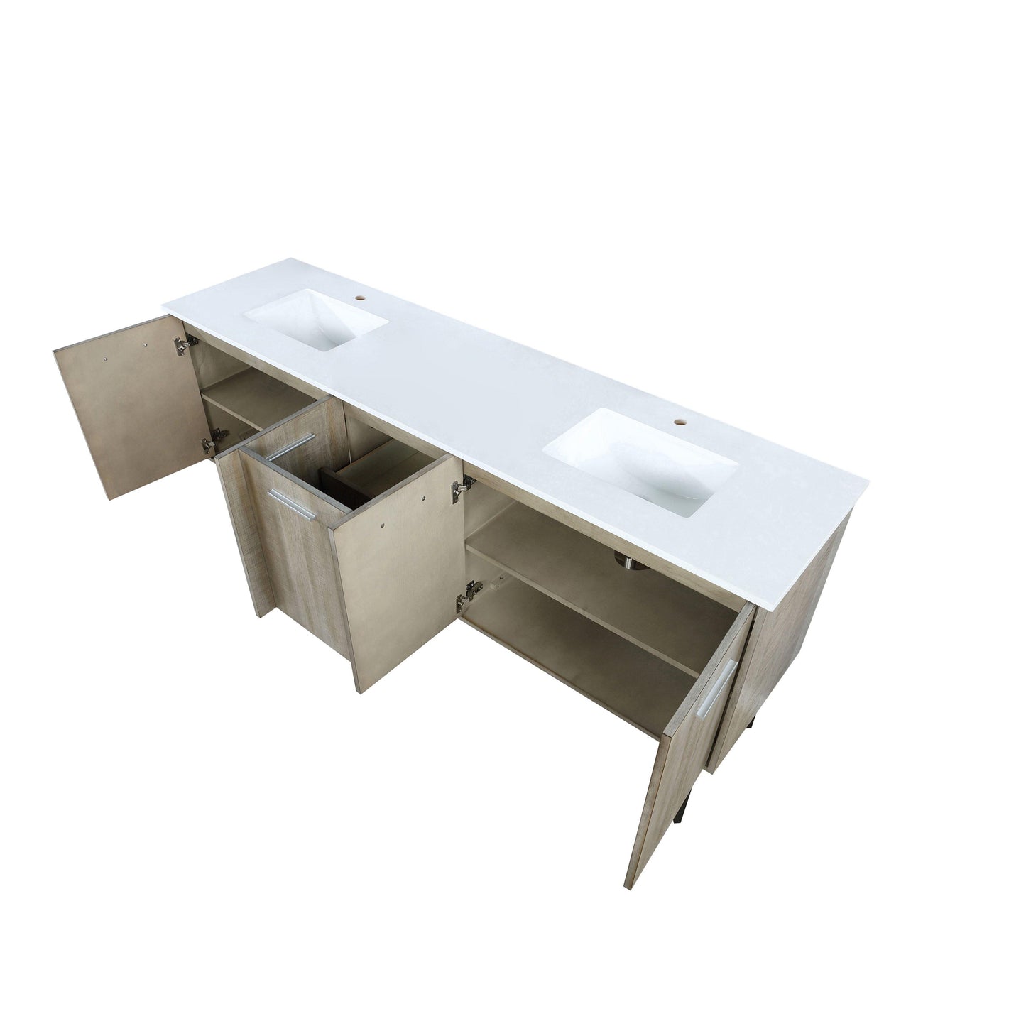 Lancy 80" Rustic Acacia Bathroom Vanity, White Quartz Top, White Square Sink.  Optional: 70" Frameless Mirror, Faucet Set with Pop-Up Drain and P-Trap - The Bath Vanities