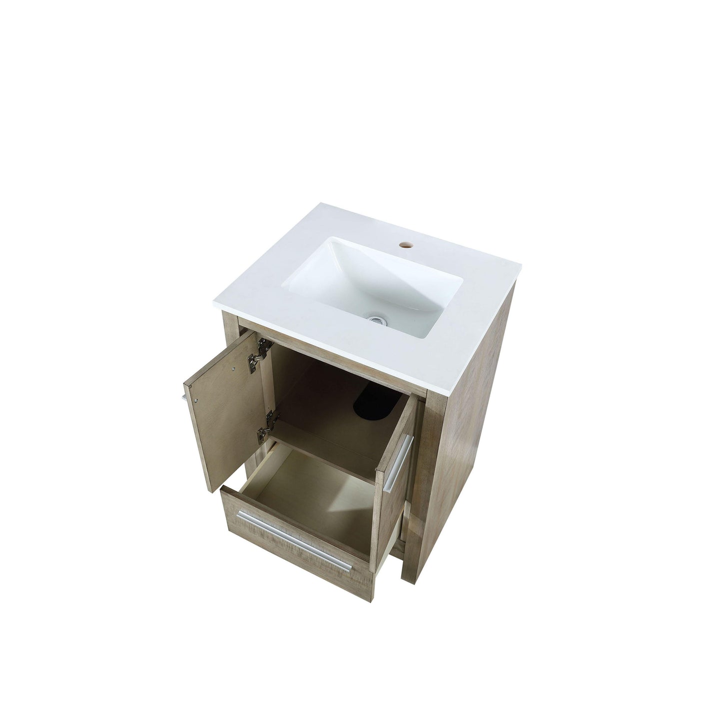 Lafarre 24" Rustic Acacia Bathroom Vanity, White Quartz Top, White Square Sink.  Available with 18" Frameless Mirror, Faucet Set with Pop-Up Drain and P-Trap - The Bath Vanities