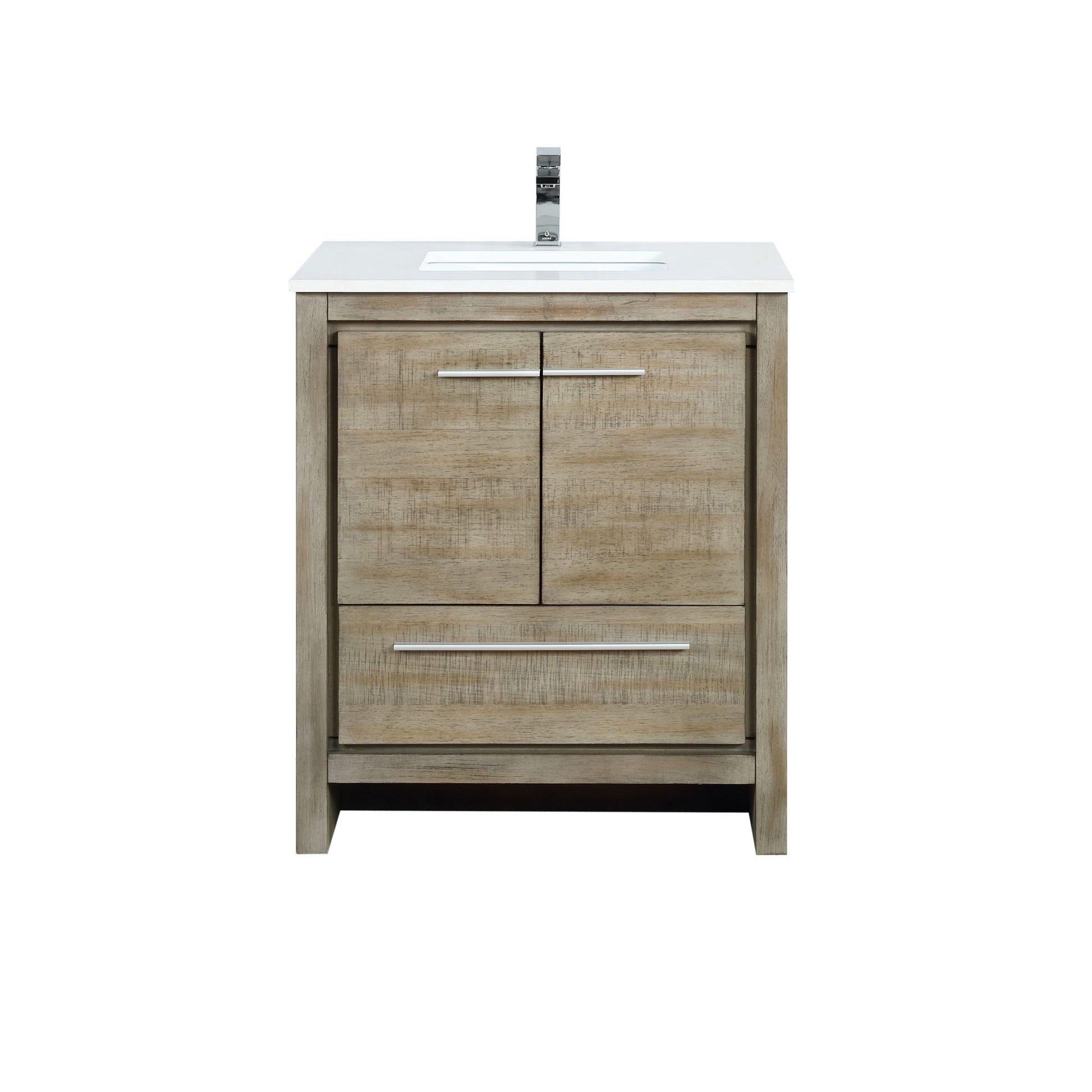 Lafarre 30" Rustic Acacia Bathroom Vanity, White Quartz Top, White Square Sink, and Monte Chrome Faucet Set.  Available with 28" Frameless Mirror, Faucet Set with Pop-Up Drain and P-Trap - The Bath Vanities