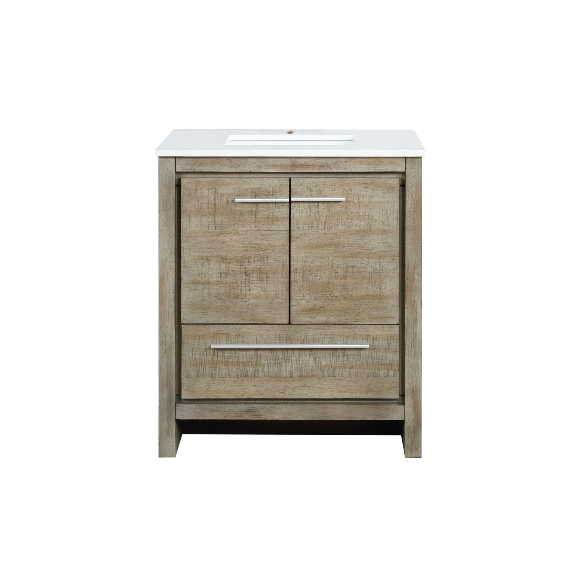 Lafarre 30" Rustic Acacia Bathroom Vanity, White Quartz Top, White Square Sink, and Monte Chrome Faucet Set.  Available with 28" Frameless Mirror, Faucet Set with Pop-Up Drain and P-Trap - The Bath Vanities