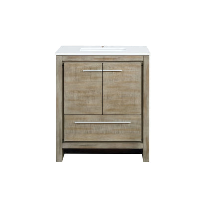 Lafarre 30" Rustic Acacia Bathroom Vanity, White Quartz Top, White Square Sink, and Monte Chrome Faucet Set.  Available with 28" Frameless Mirror, Faucet Set with Pop-Up Drain and P-Trap - The Bath Vanities