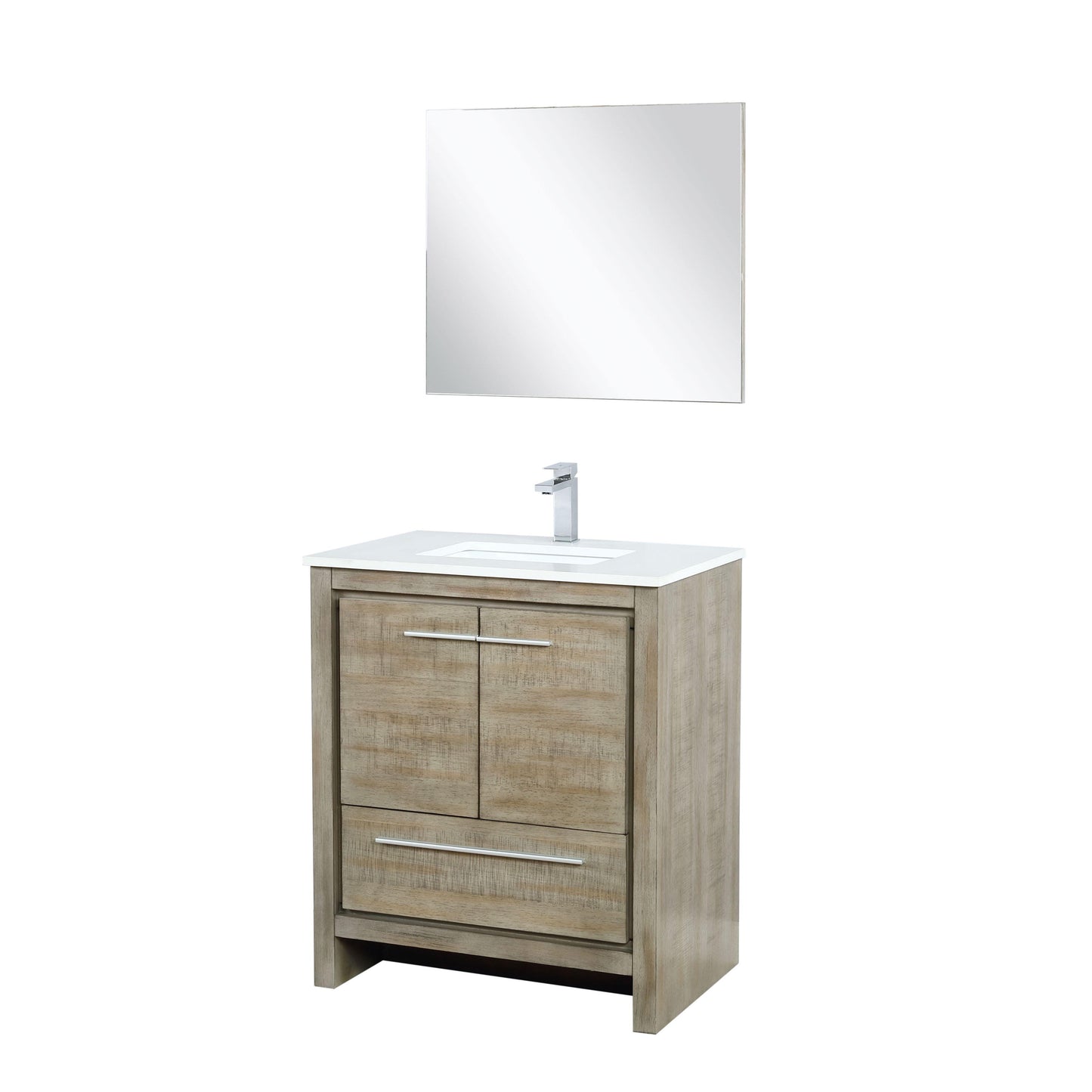 Lafarre 30" Rustic Acacia Bathroom Vanity, White Quartz Top, White Square Sink, and Monte Chrome Faucet Set.  Available with 28" Frameless Mirror, Faucet Set with Pop-Up Drain and P-Trap - The Bath Vanities