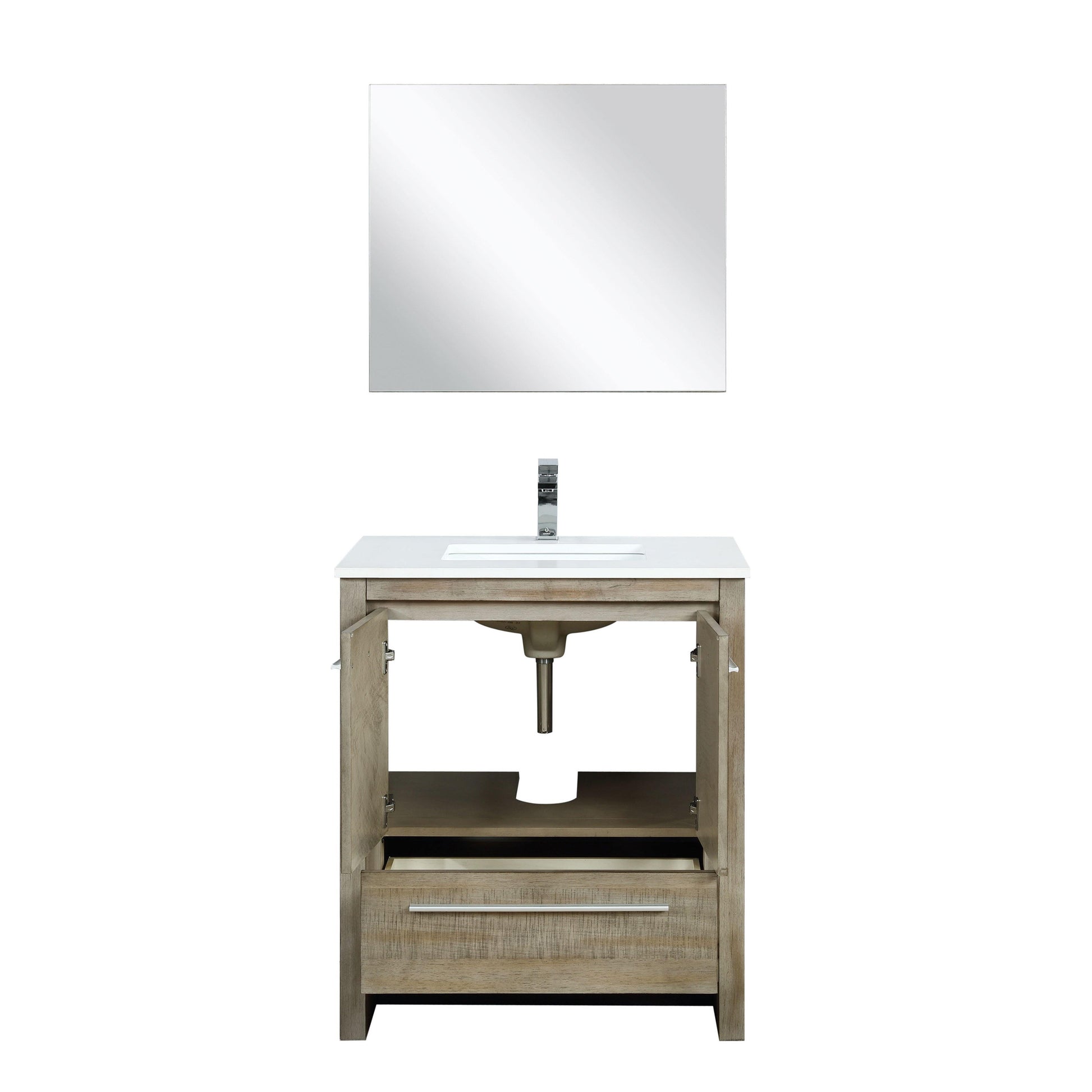 Lafarre 30" Rustic Acacia Bathroom Vanity, White Quartz Top, White Square Sink, and Monte Chrome Faucet Set.  Available with 28" Frameless Mirror, Faucet Set with Pop-Up Drain and P-Trap - The Bath Vanities