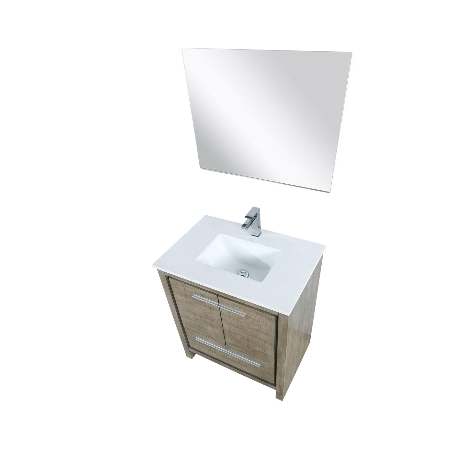 Lafarre 30" Rustic Acacia Bathroom Vanity, White Quartz Top, White Square Sink, and Monte Chrome Faucet Set.  Available with 28" Frameless Mirror, Faucet Set with Pop-Up Drain and P-Trap - The Bath Vanities