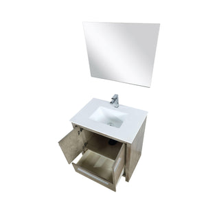 Lafarre 30" Rustic Acacia Bathroom Vanity, White Quartz Top, White Square Sink, and Monte Chrome Faucet Set.  Available with 28" Frameless Mirror, Faucet Set with Pop-Up Drain and P-Trap - The Bath Vanities