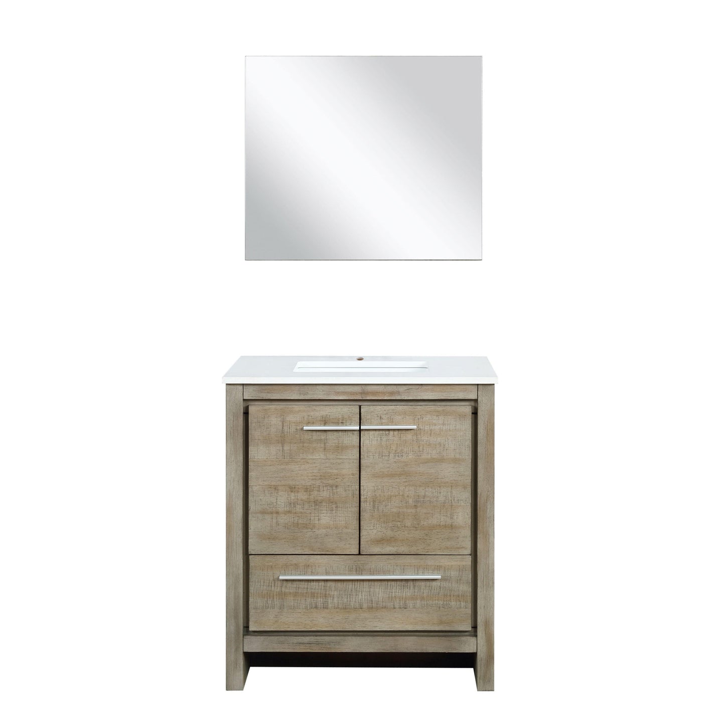 Lafarre 30" Rustic Acacia Bathroom Vanity, White Quartz Top, White Square Sink, and Monte Chrome Faucet Set.  Available with 28" Frameless Mirror, Faucet Set with Pop-Up Drain and P-Trap - The Bath Vanities