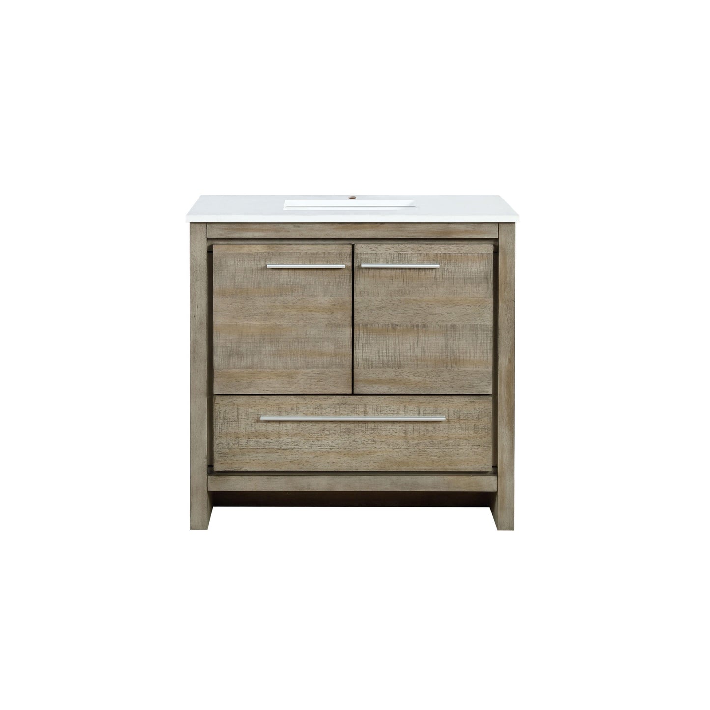 Lafarre 36" Rustic Acacia Bathroom Vanity, White Quartz Top, White Square Sink, and Monte Chrome Faucet Set. Available with 28" Frameless Mirror, Faucet Set with Pop-Up Drain and P-Trap - The Bath Vanities