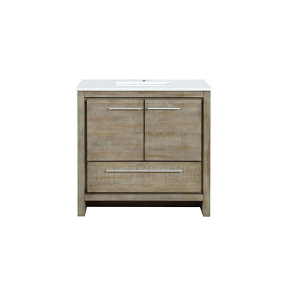 Lafarre 36" Rustic Acacia Bathroom Vanity, White Quartz Top, White Square Sink, and Monte Chrome Faucet Set. Available with 28" Frameless Mirror, Faucet Set with Pop-Up Drain and P-Trap - The Bath Vanities