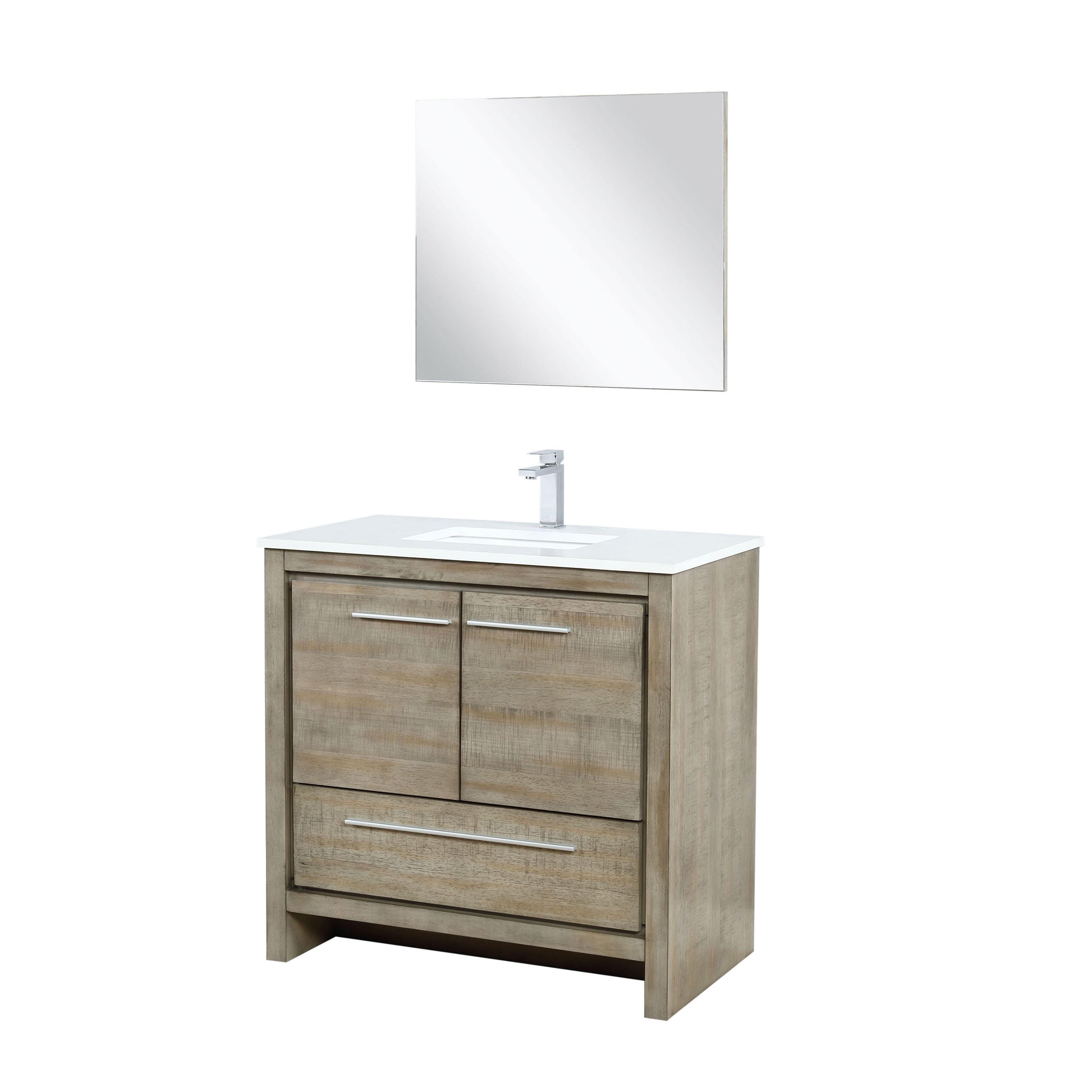 Lafarre 36" Rustic Acacia Bathroom Vanity, White Quartz Top, White Square Sink, and Monte Chrome Faucet Set. Available with 28" Frameless Mirror, Faucet Set with Pop-Up Drain and P-Trap - The Bath Vanities