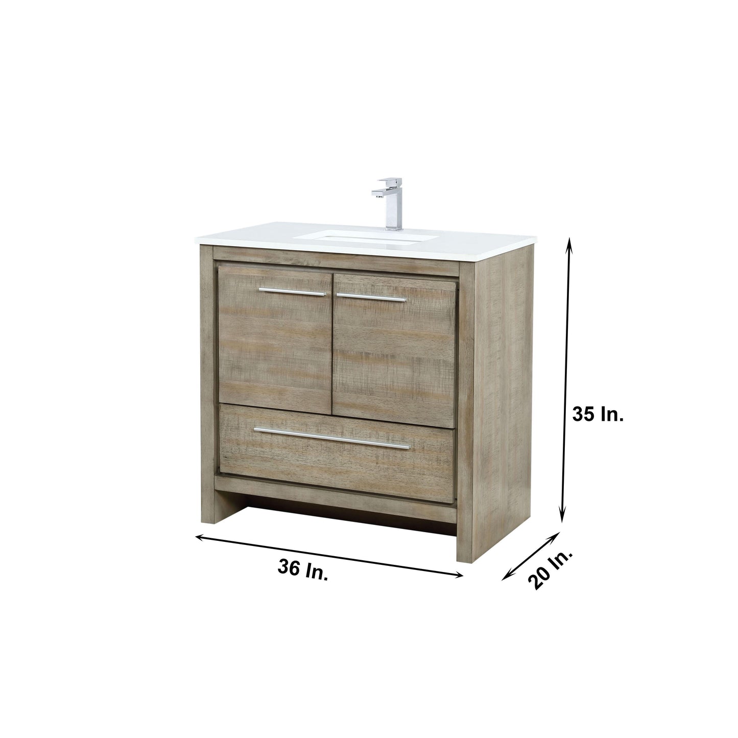 Lafarre 36" Rustic Acacia Bathroom Vanity, White Quartz Top, White Square Sink, and Monte Chrome Faucet Set. Available with 28" Frameless Mirror, Faucet Set with Pop-Up Drain and P-Trap - The Bath Vanities