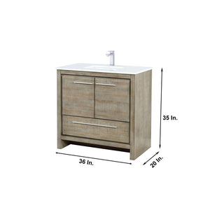 Lafarre 36" Rustic Acacia Bathroom Vanity, White Quartz Top, White Square Sink, and Monte Chrome Faucet Set. Available with 28" Frameless Mirror, Faucet Set with Pop-Up Drain and P-Trap - The Bath Vanities