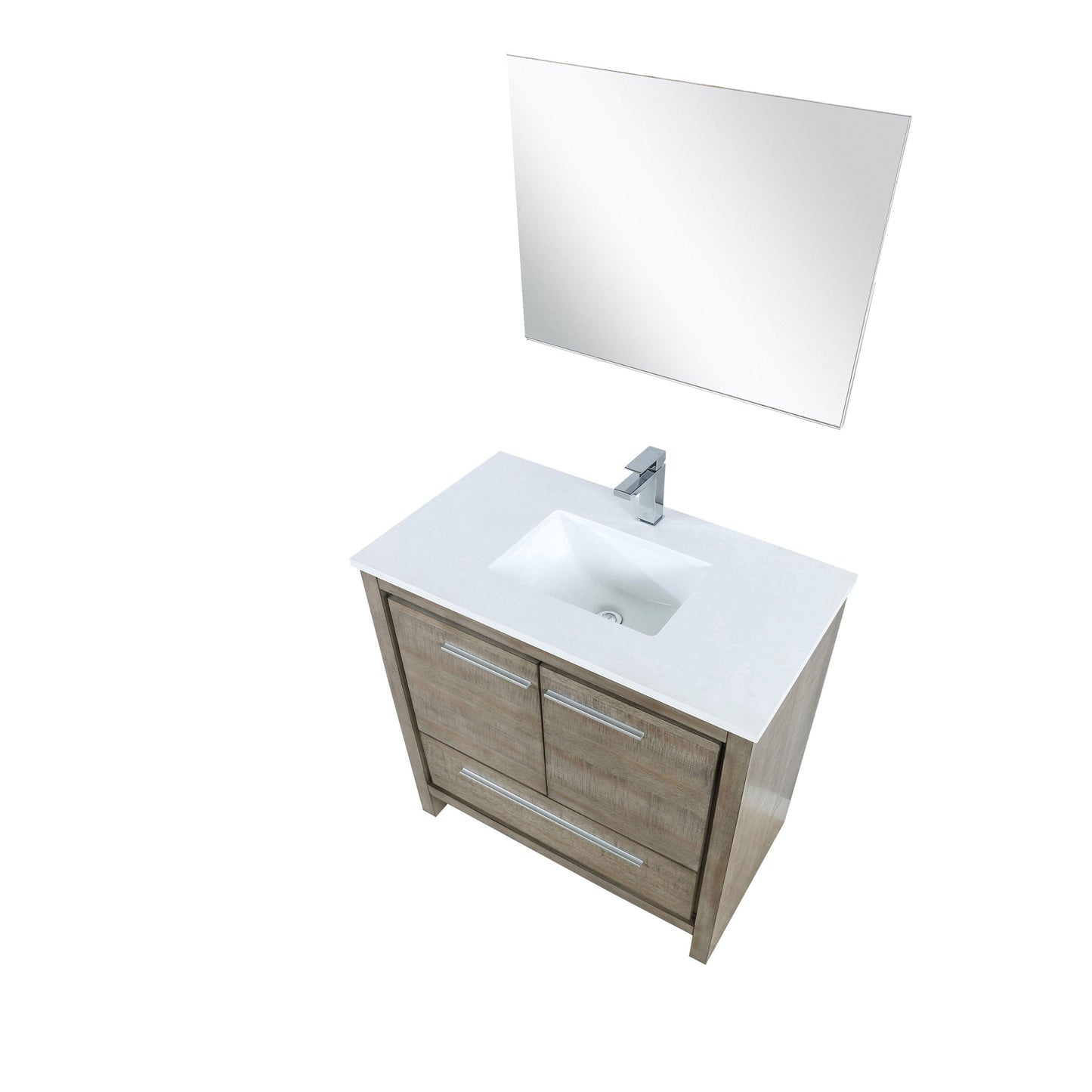 Lafarre 36" Rustic Acacia Bathroom Vanity, White Quartz Top, White Square Sink, and Monte Chrome Faucet Set. Available with 28" Frameless Mirror, Faucet Set with Pop-Up Drain and P-Trap - The Bath Vanities