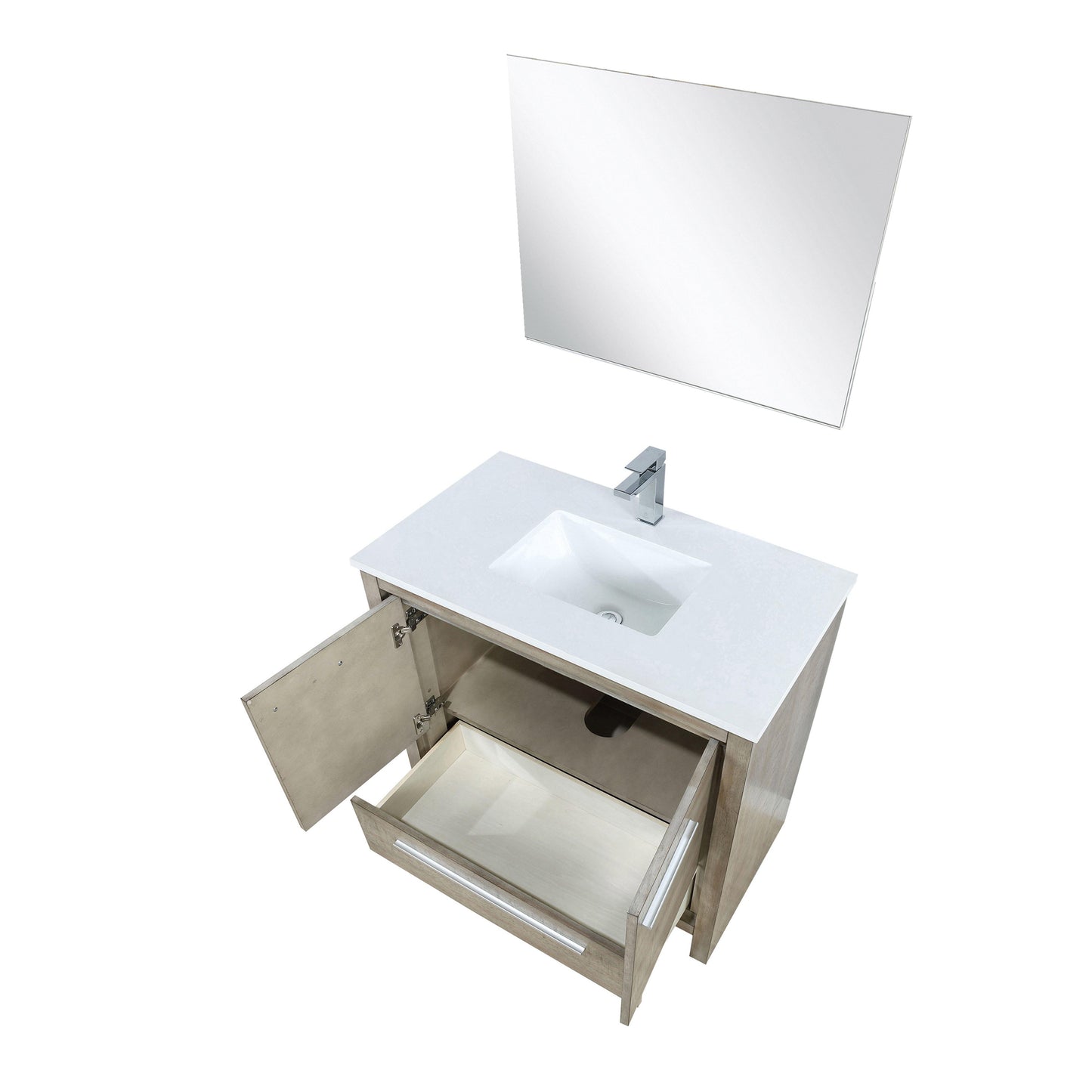 Lafarre 36" Rustic Acacia Bathroom Vanity, White Quartz Top, White Square Sink, and Monte Chrome Faucet Set. Available with 28" Frameless Mirror, Faucet Set with Pop-Up Drain and P-Trap - The Bath Vanities