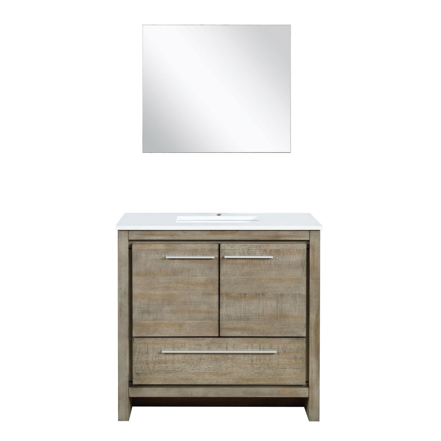 Lafarre 36" Rustic Acacia Bathroom Vanity, White Quartz Top, White Square Sink, and Monte Chrome Faucet Set. Available with 28" Frameless Mirror, Faucet Set with Pop-Up Drain and P-Trap - The Bath Vanities