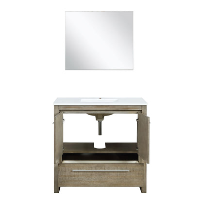 Lafarre 36" Rustic Acacia Bathroom Vanity, White Quartz Top, White Square Sink, and Monte Chrome Faucet Set. Available with 28" Frameless Mirror, Faucet Set with Pop-Up Drain and P-Trap - The Bath Vanities