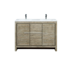 Lafarre 48" Rustic Acacia Double Bathroom Vanity, White Quartz Top, White Square Sink, and Monte Chrome Faucet Set.  Available with 43" Frameless Mirror, Faucet Set with Pop-Up Drain and P-Trap - The Bath Vanities
