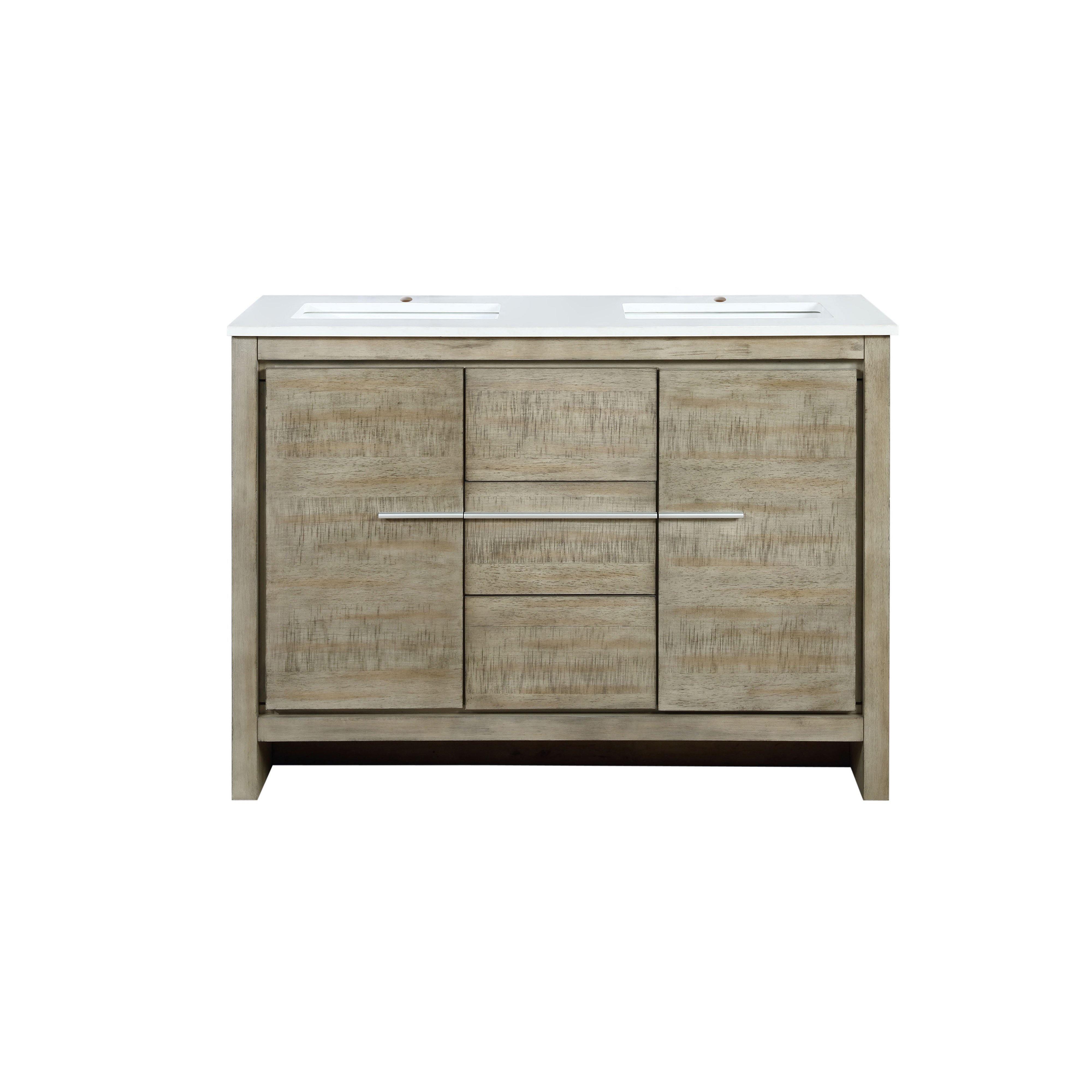 Lafarre 48" Rustic Acacia Double Bathroom Vanity, White Quartz Top, White Square Sink, and Monte Chrome Faucet Set.  Available with 43" Frameless Mirror, Faucet Set with Pop-Up Drain and P-Trap - The Bath Vanities