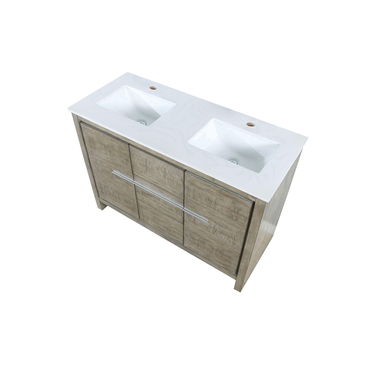 Lafarre 48" Rustic Acacia Double Bathroom Vanity, White Quartz Top, White Square Sink, and Monte Chrome Faucet Set.  Available with 43" Frameless Mirror, Faucet Set with Pop-Up Drain and P-Trap - The Bath Vanities